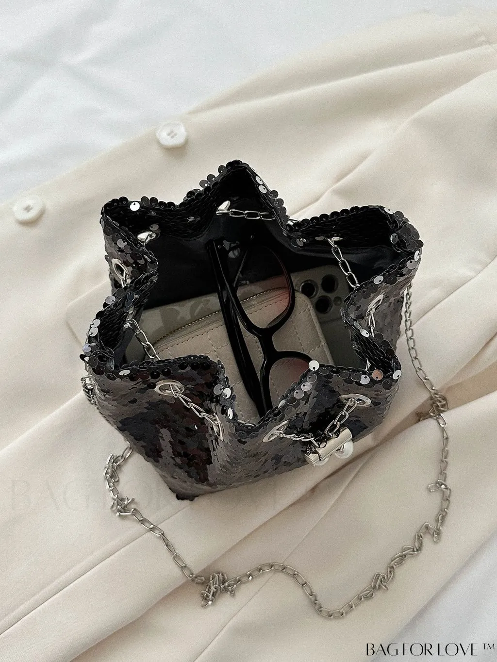 BagForLove - Chic Glitter Chain Mini Crossbody Bag with Drawstring - Solid Color