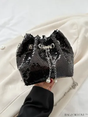 BagForLove - Chic Glitter Chain Mini Crossbody Bag with Drawstring - Solid Color