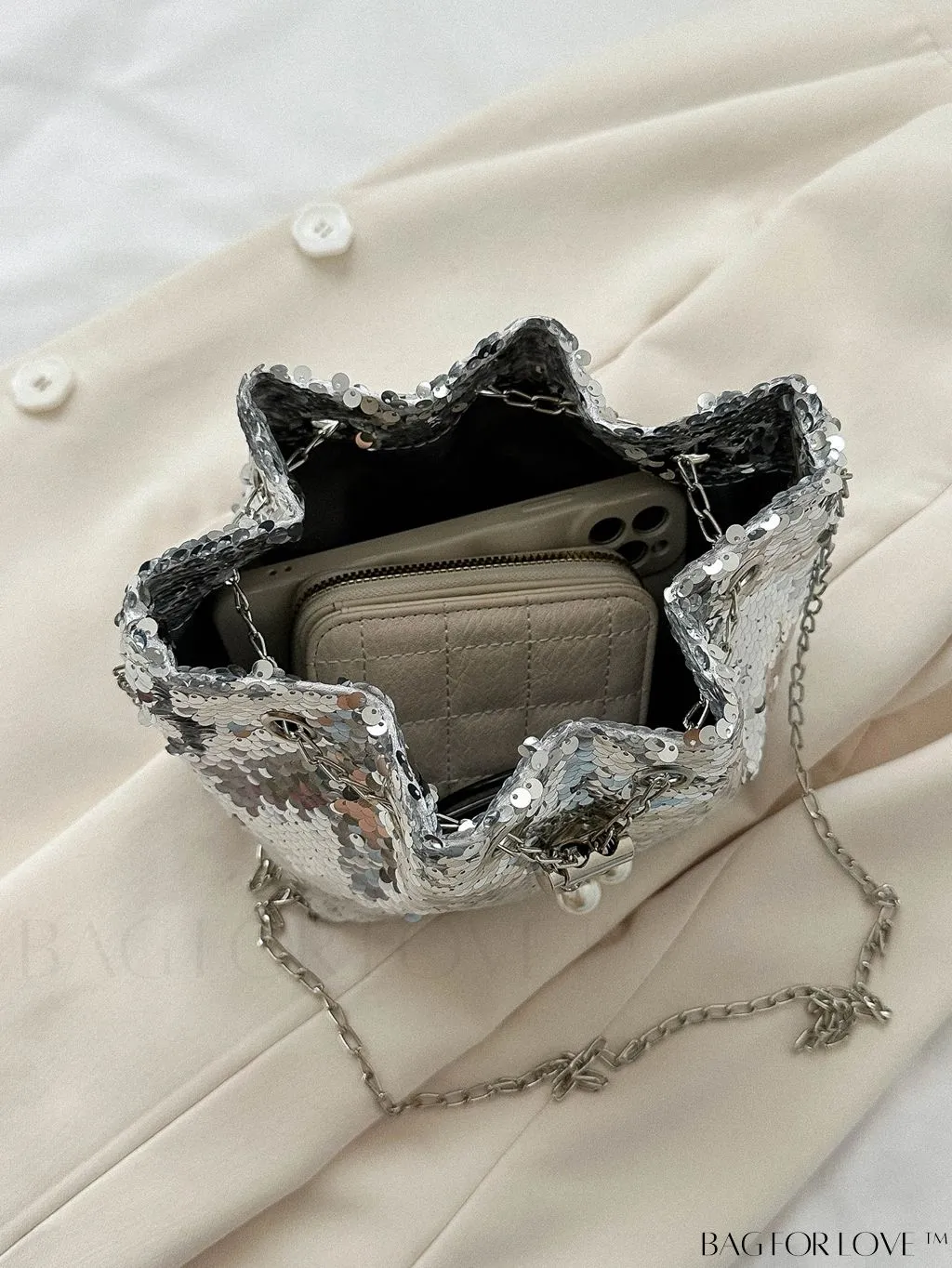 BagForLove - Chic Glitter Chain Mini Crossbody Bag with Drawstring - Solid Color