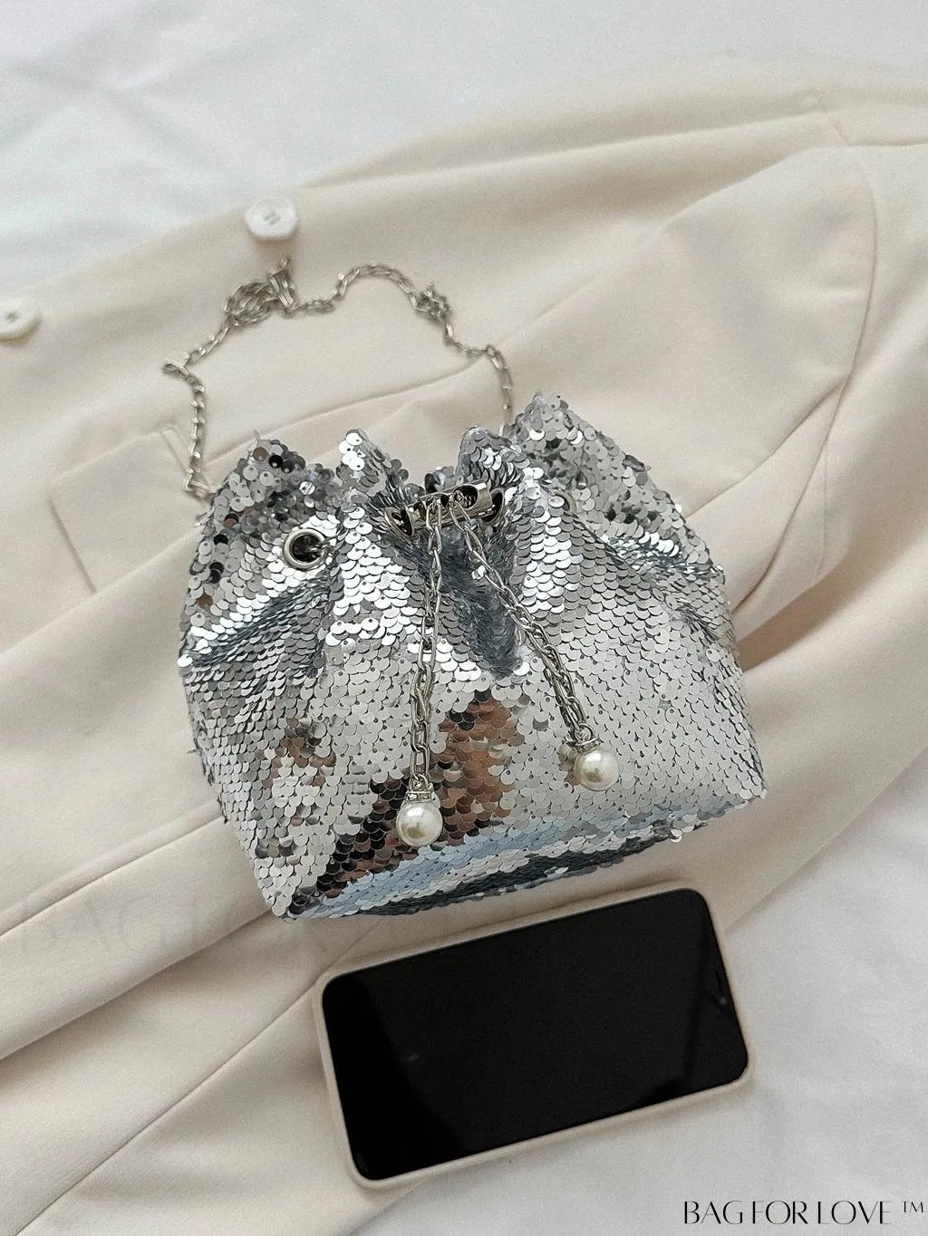 BagForLove - Chic Glitter Chain Mini Crossbody Bag with Drawstring - Solid Color