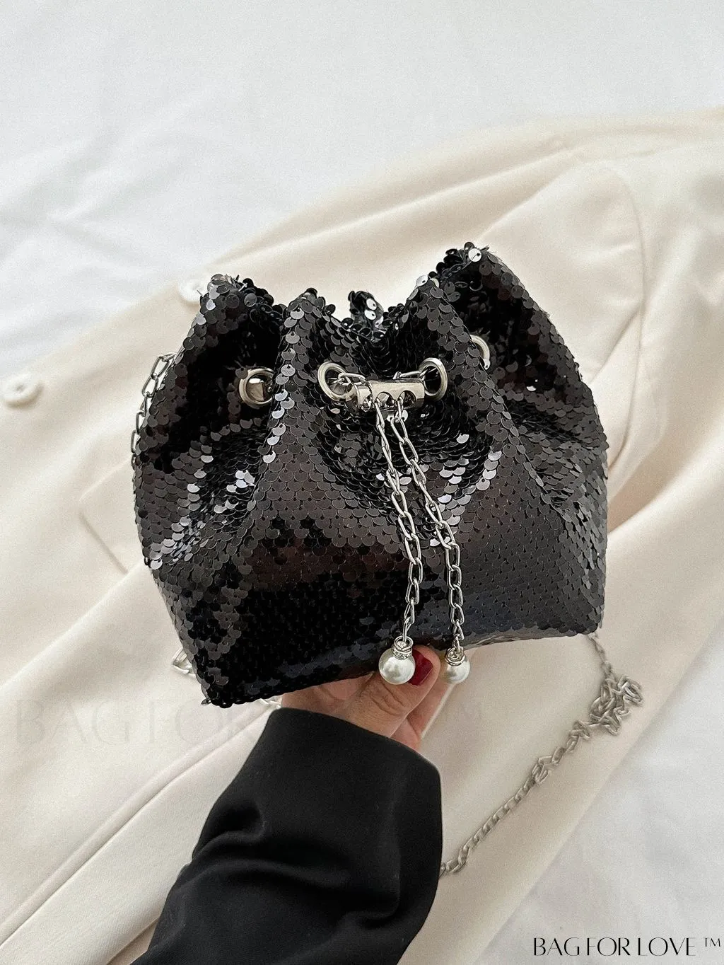 BagForLove - Chic Glitter Chain Mini Crossbody Bag with Drawstring - Solid Color