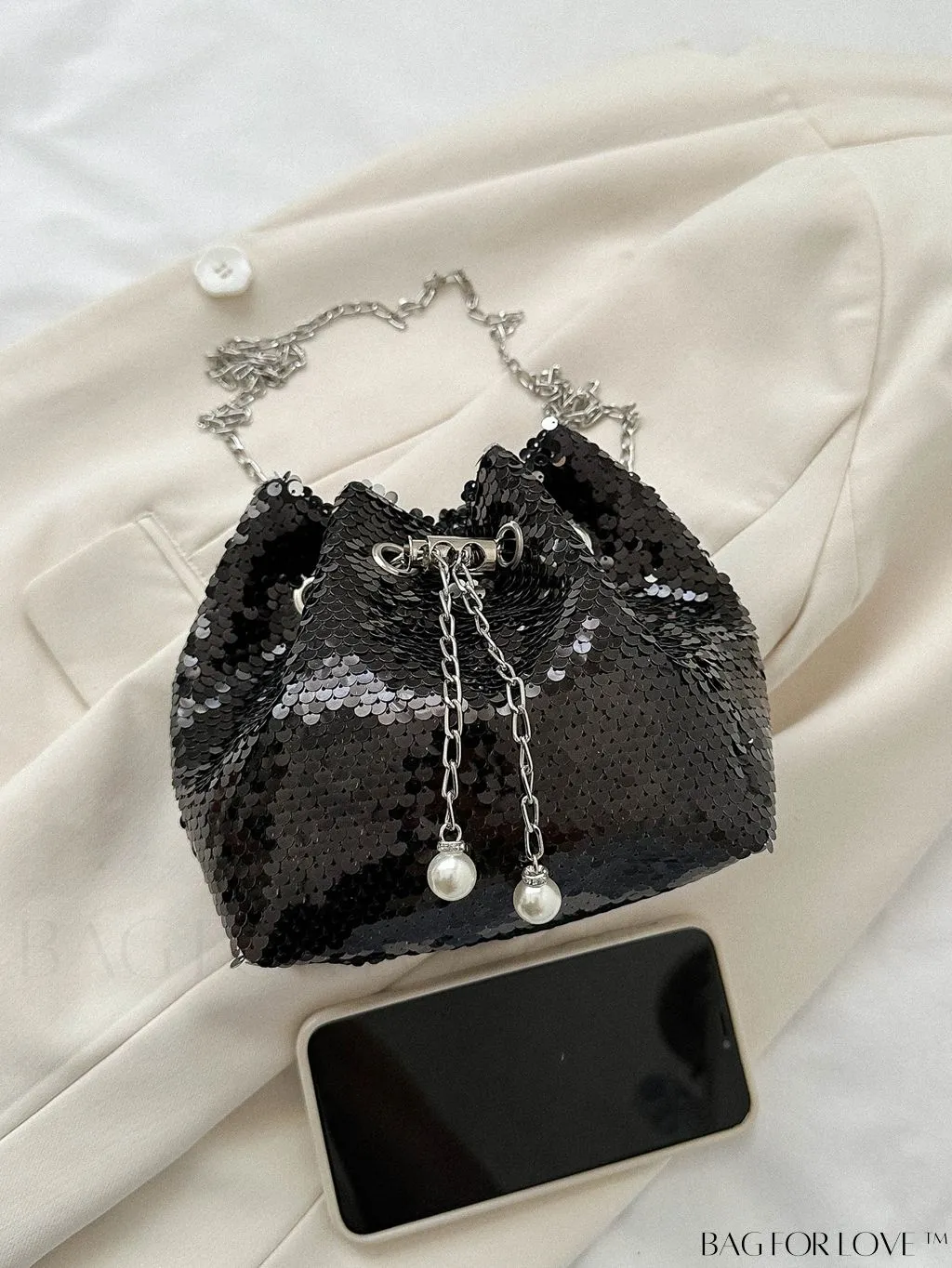 BagForLove - Chic Glitter Chain Mini Crossbody Bag with Drawstring - Solid Color