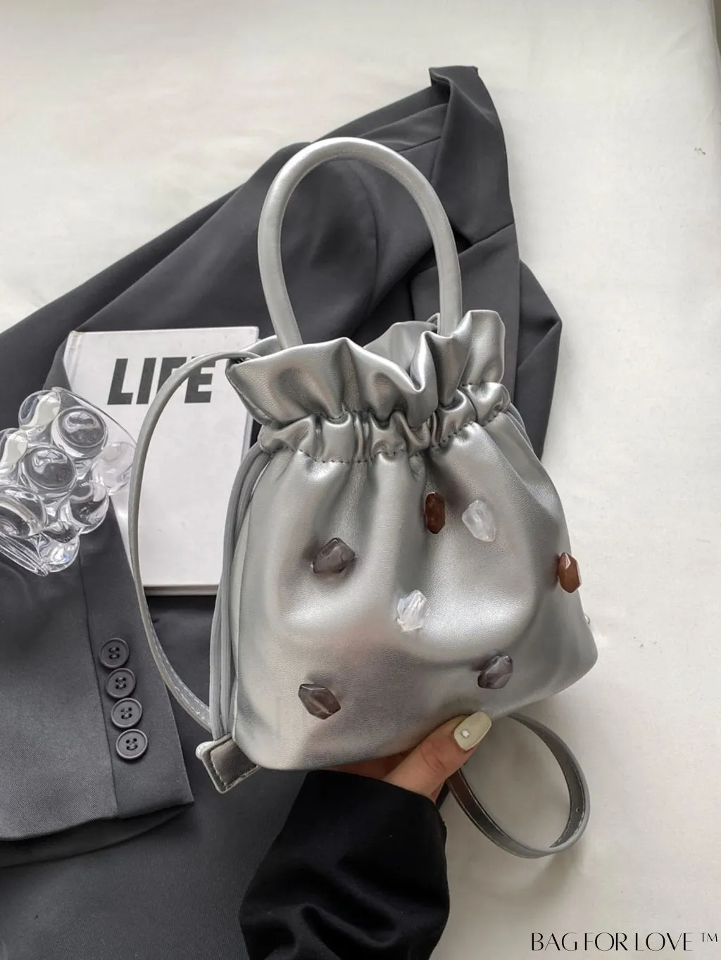 BagForLove - Chic Small Silver Bucket-shaped Handbag for Women