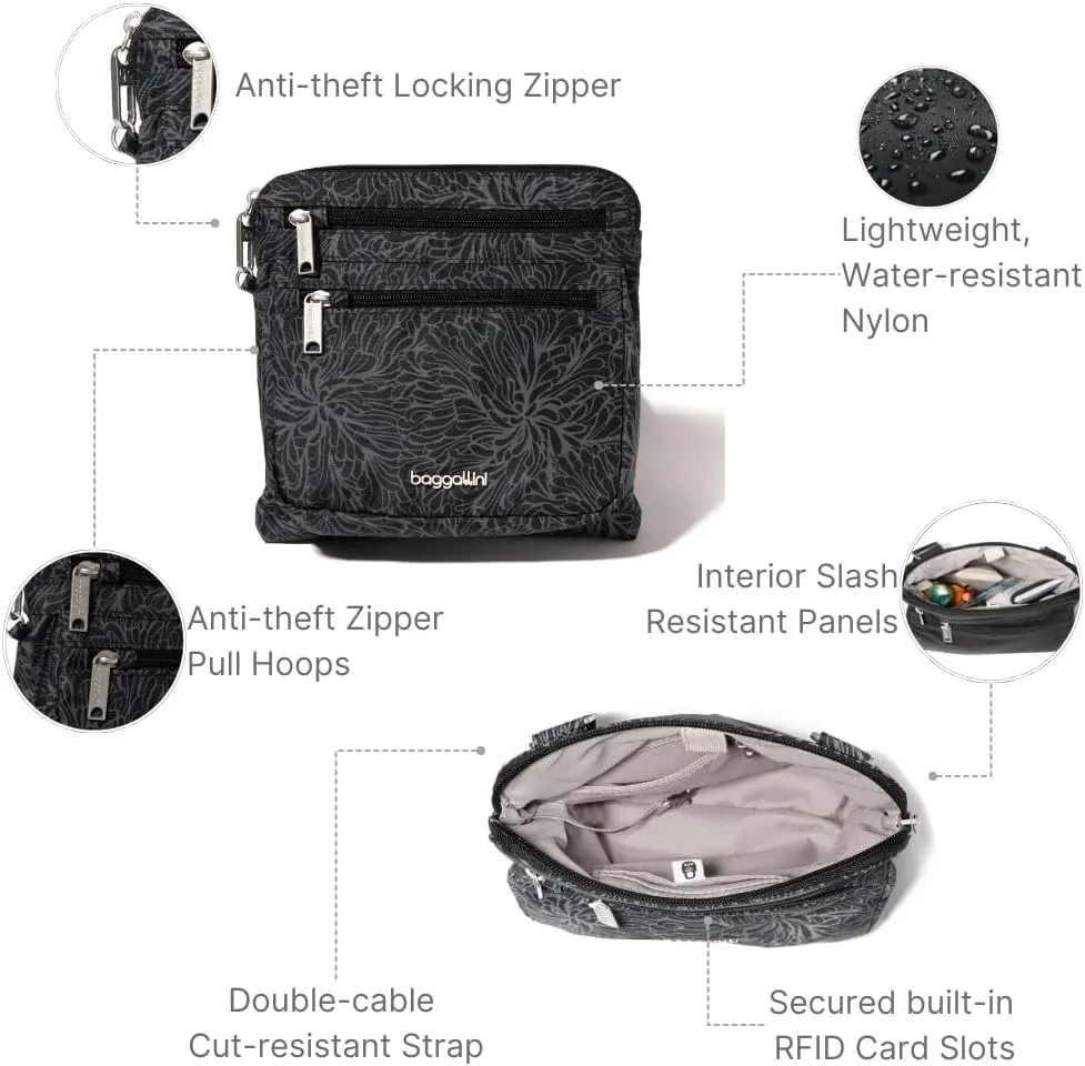 Baggallini Securtex Anti-Theft Crossbody Travel Purse with RFID Card Slots, Locking Zippers & Cut-Resistant Strap