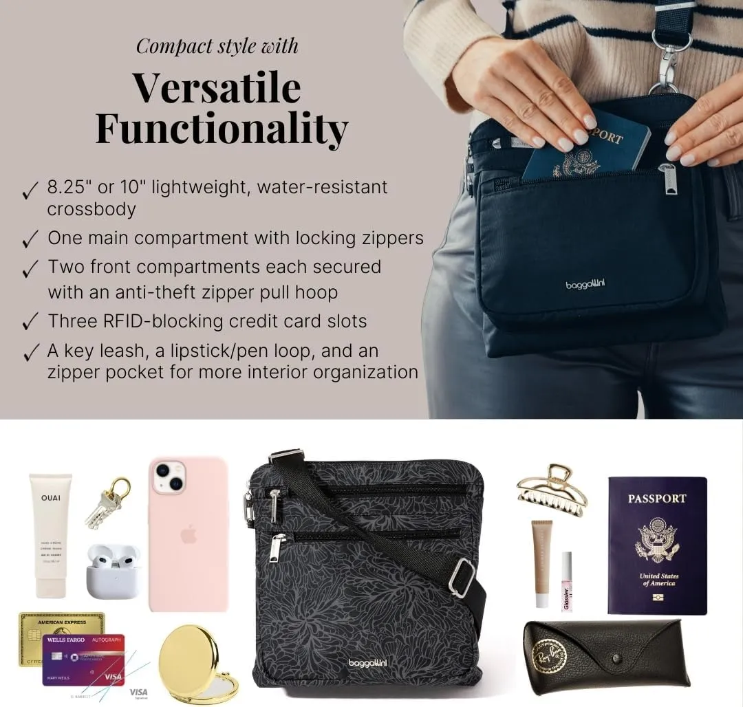 Baggallini Securtex Anti-Theft Crossbody Travel Purse with RFID Card Slots, Locking Zippers & Cut-Resistant Strap
