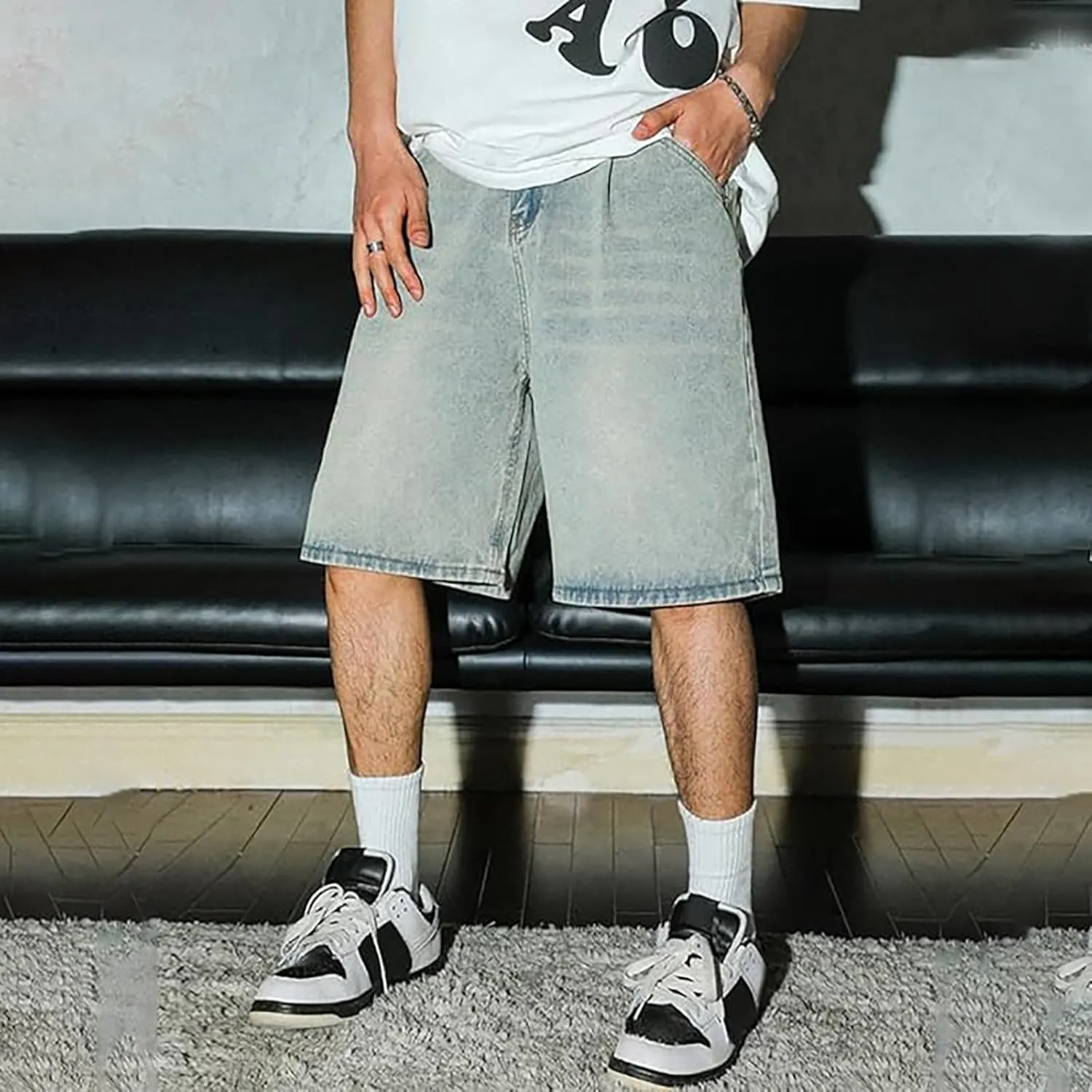 Baggy Jean Shorts for Men Summer Casual Loose Fit Y2K Hip Hop Skateboard Denim Shorts with Pockets