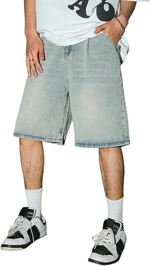 Baggy Jean Shorts for Men Summer Casual Loose Fit Y2K Hip Hop Skateboard Denim Shorts with Pockets