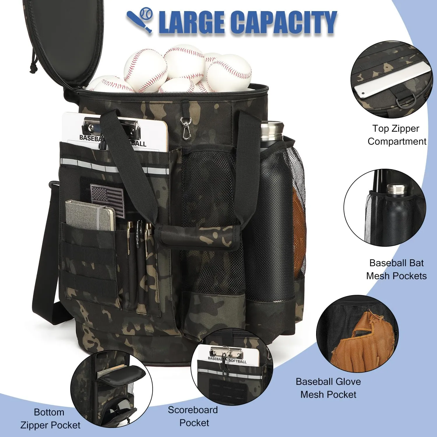 Baseball Bucket Bag 6 Gallon Bucket Cover Organizer w/Padded Seat tactical Softball Coaches Bag for Balls, Bat, Gloves, Scoreboards