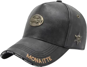 Baseball Cap, Faux Leather, Black, Classic High Crown Hat, Metal Logo