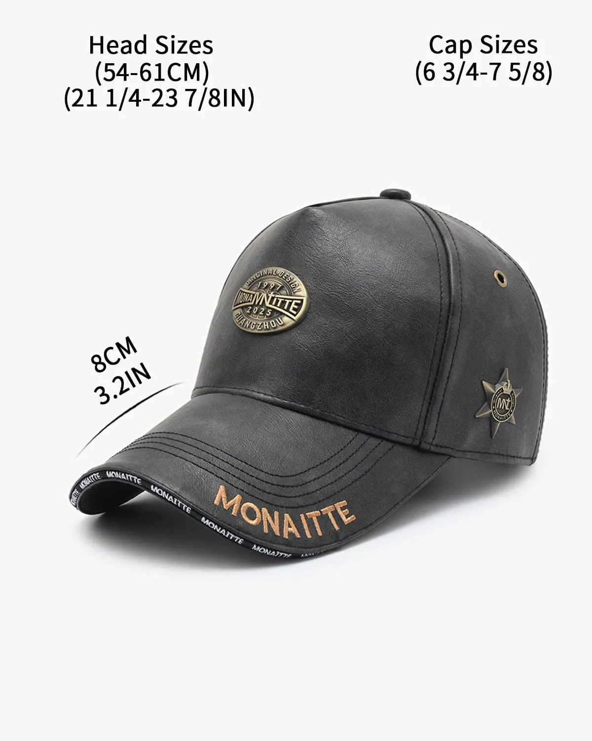 Baseball Cap, Faux Leather, Black, Classic High Crown Hat, Metal Logo