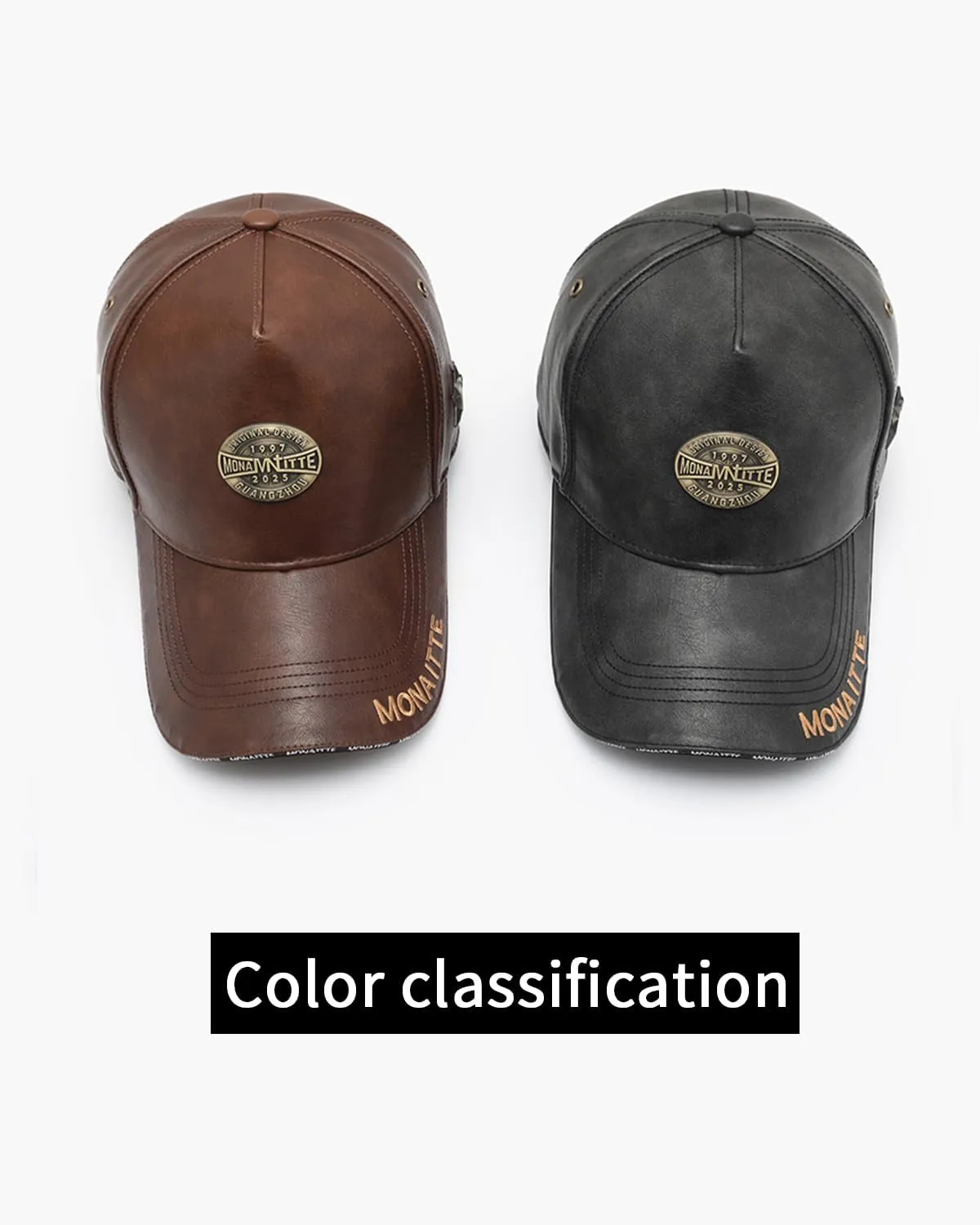 Baseball Cap, Faux Leather, Black, Classic High Crown Hat, Metal Logo