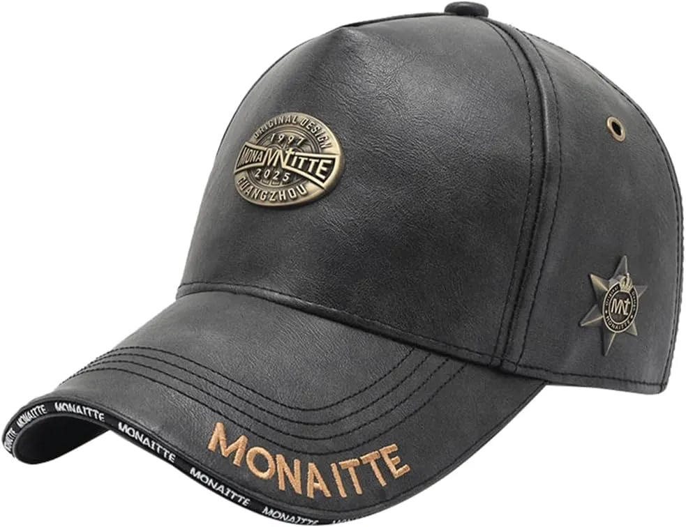 Baseball Cap, Faux Leather, Black, Classic High Crown Hat, Metal Logo