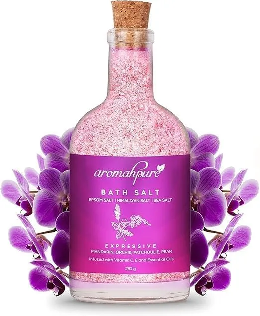 Bath Salt with Essential Oils (Mix of Epsom Salt, Himalayan Salt, and Sea Salt, Vitamin C & E) for Body - Expressive Fragrance (Mandarin, Orchid, Patchouli, Pear) (250gm)