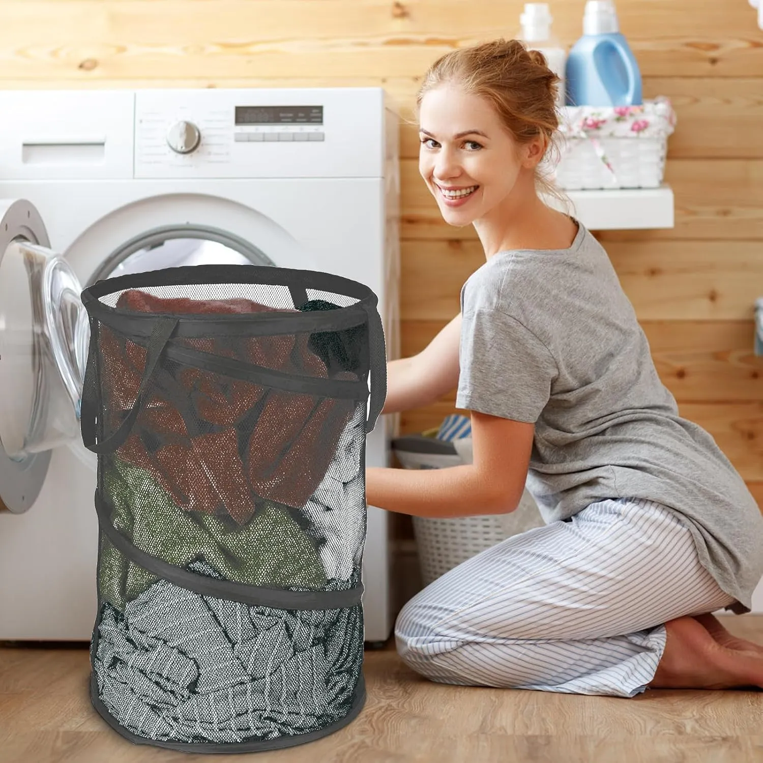 BATTOO Collapsible Laundry Baskets, Foldable Mesh Pop Up Hamper, Portable Laundry Basket Hamper with Handles for Laundry, Bathroom, Kids Room, College Dorm, Travel, Storage Organizer Grey
