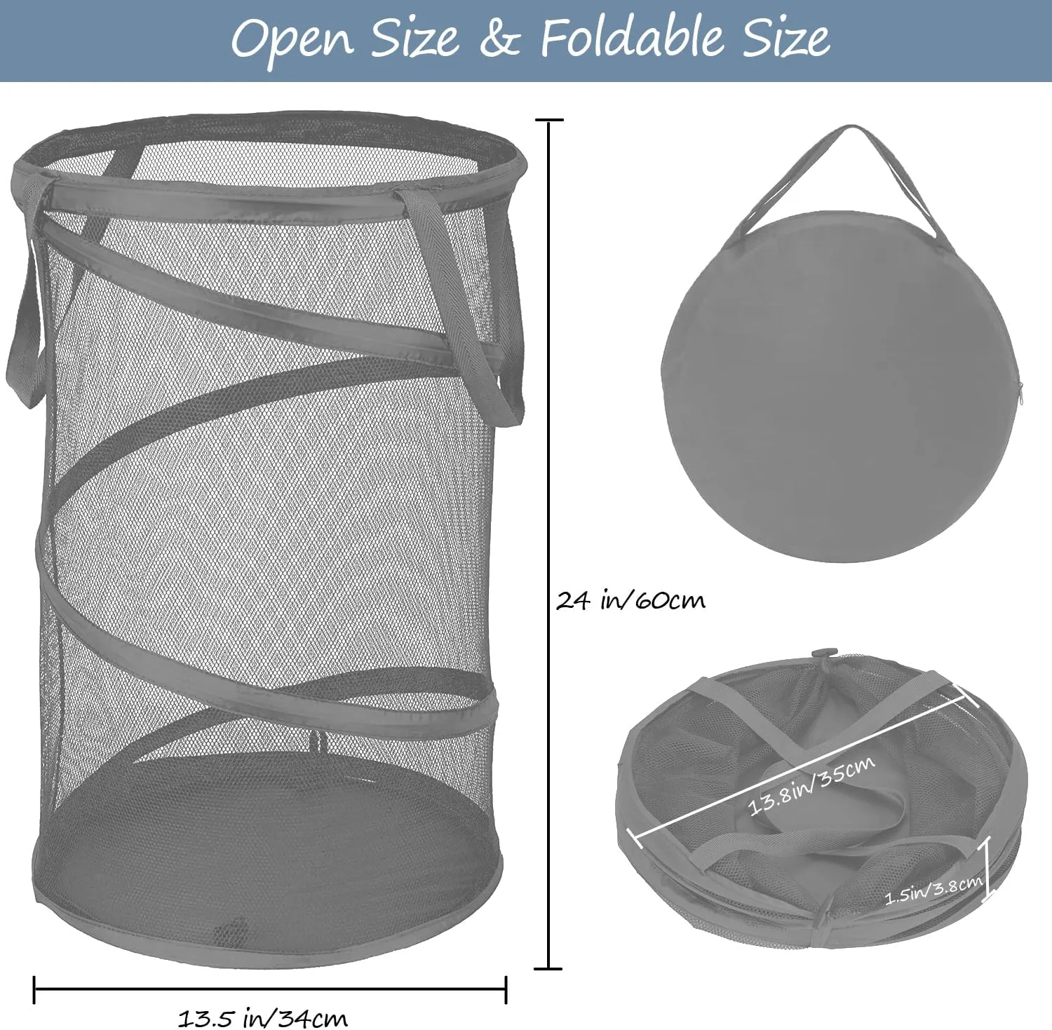 BATTOO Collapsible Laundry Baskets, Foldable Mesh Pop Up Hamper, Portable Laundry Basket Hamper with Handles for Laundry, Bathroom, Kids Room, College Dorm, Travel, Storage Organizer Grey