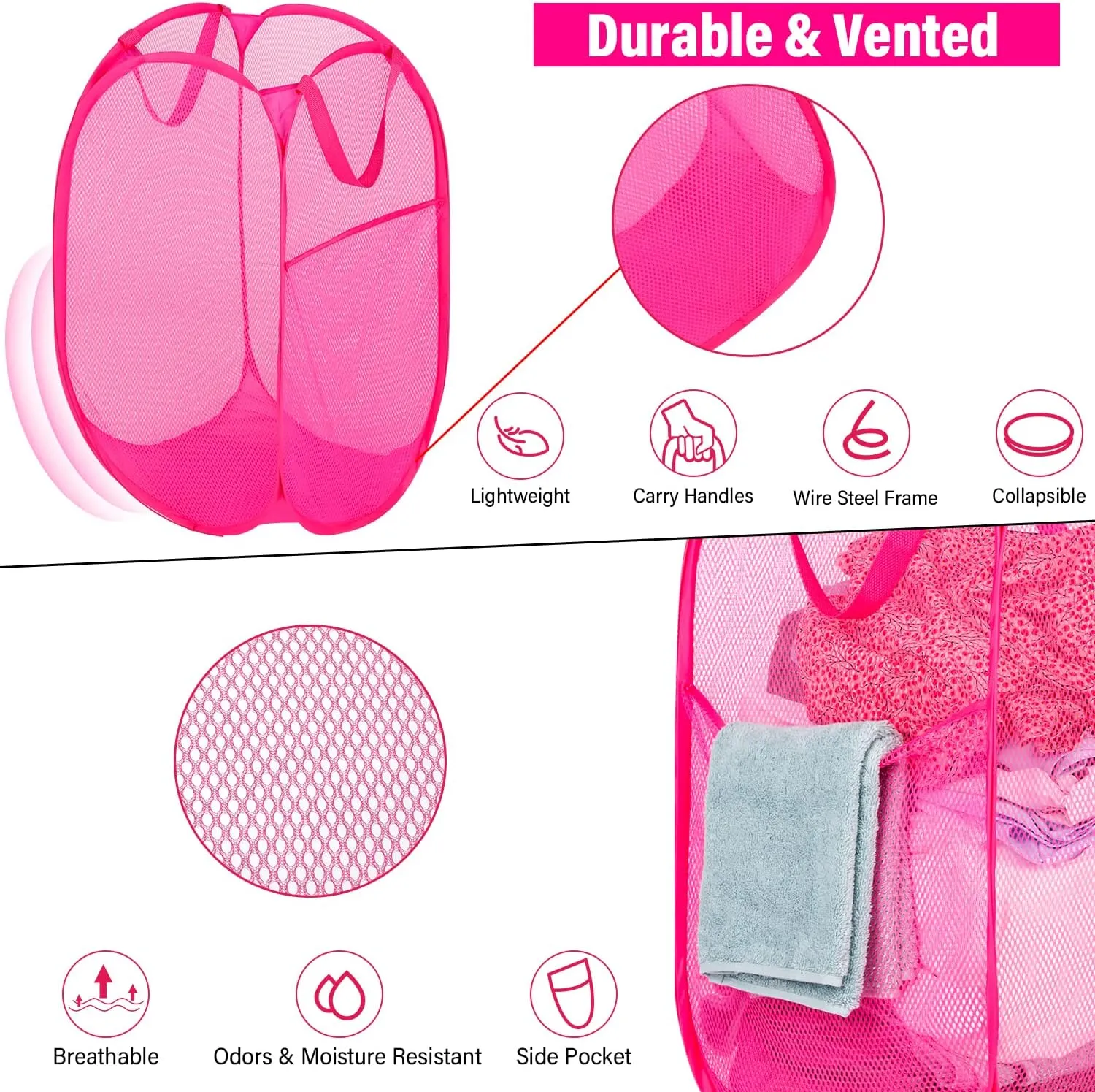 BATTOO Deluxe Strong Mesh Pop up Laundry Hamper Basket with Side Pocket for Laundry Room, Bathroom, Kids Room, College Dorm or Travel 3 Pack Blush
