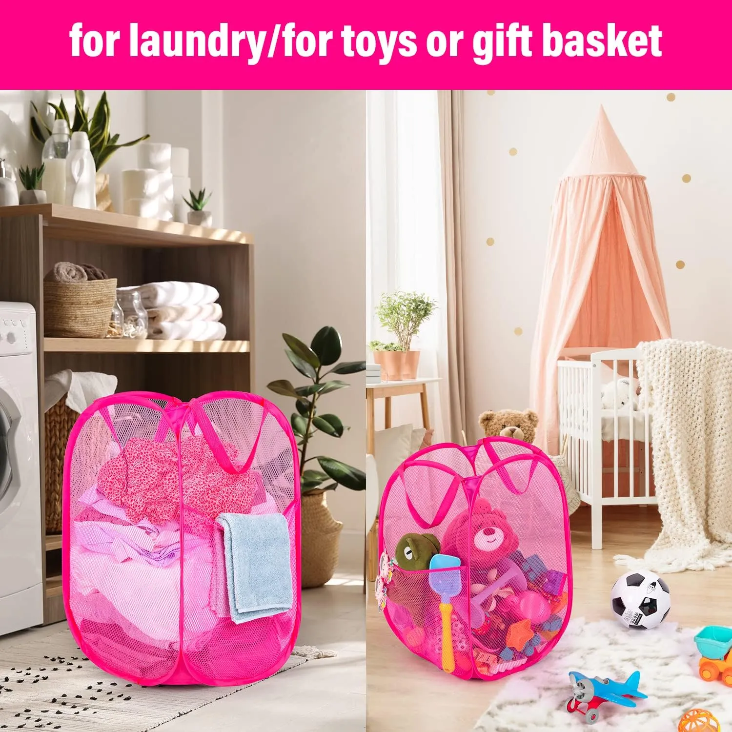 BATTOO Deluxe Strong Mesh Pop up Laundry Hamper Basket with Side Pocket for Laundry Room, Bathroom, Kids Room, College Dorm or Travel 3 Pack Blush