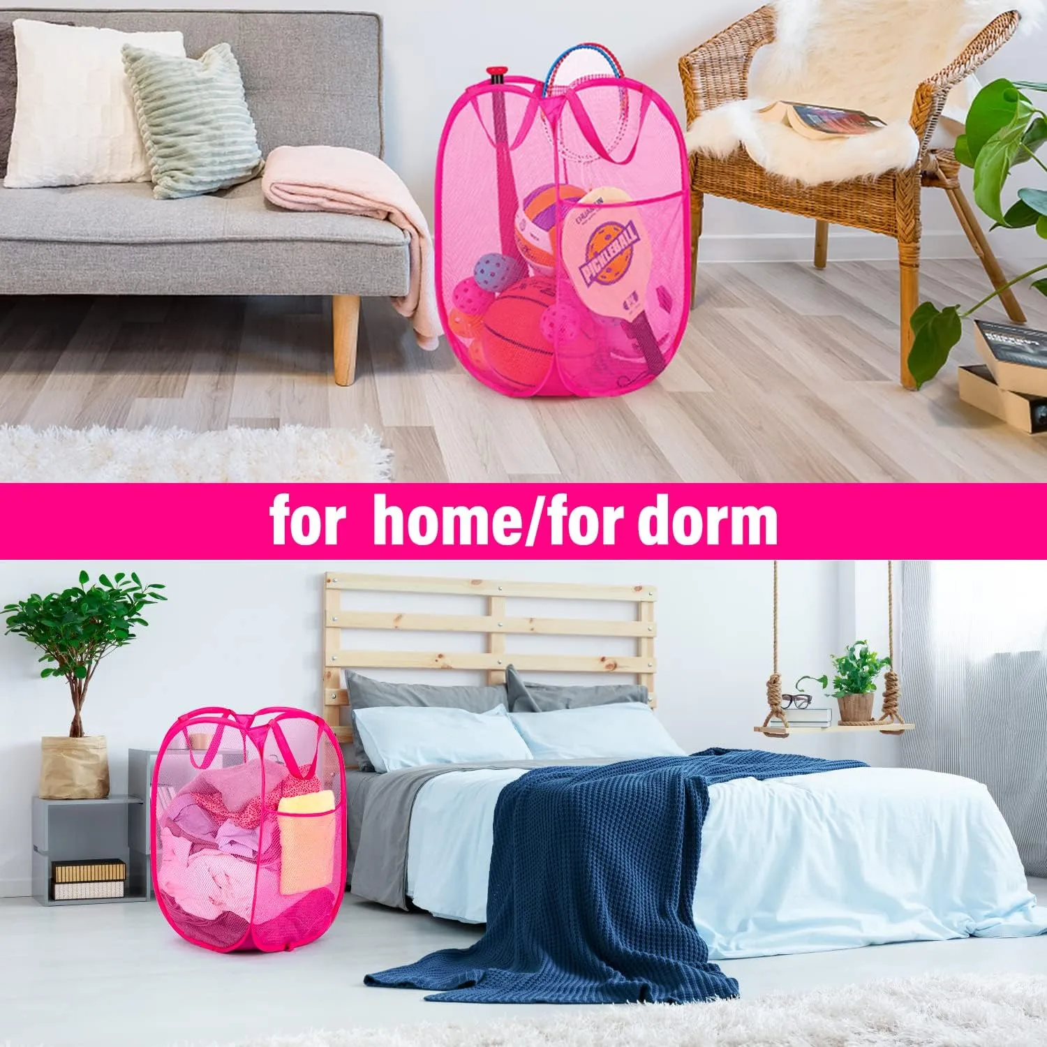 BATTOO Deluxe Strong Mesh Pop up Laundry Hamper Basket with Side Pocket for Laundry Room, Bathroom, Kids Room, College Dorm or Travel 3 Pack Blush