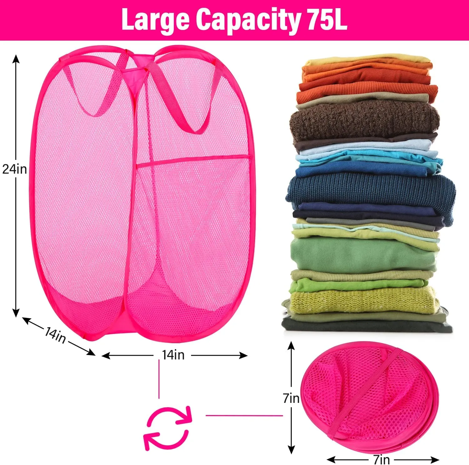 BATTOO Deluxe Strong Mesh Pop up Laundry Hamper Basket with Side Pocket for Laundry Room, Bathroom, Kids Room, College Dorm or Travel 3 Pack Blush