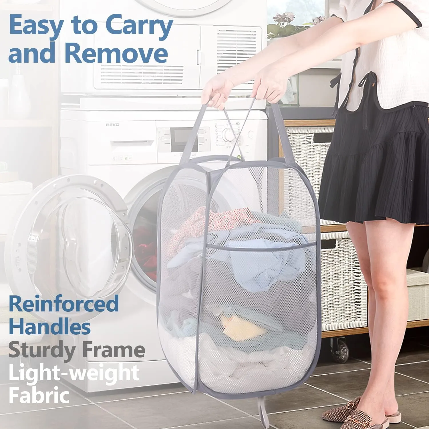 BATTOO Deluxe Strong Mesh Pop up Laundry Hamper Basket with Side Pocket for Laundry Room, Bathroom, Kids Room, College Dorm or Travel 3 x Grey