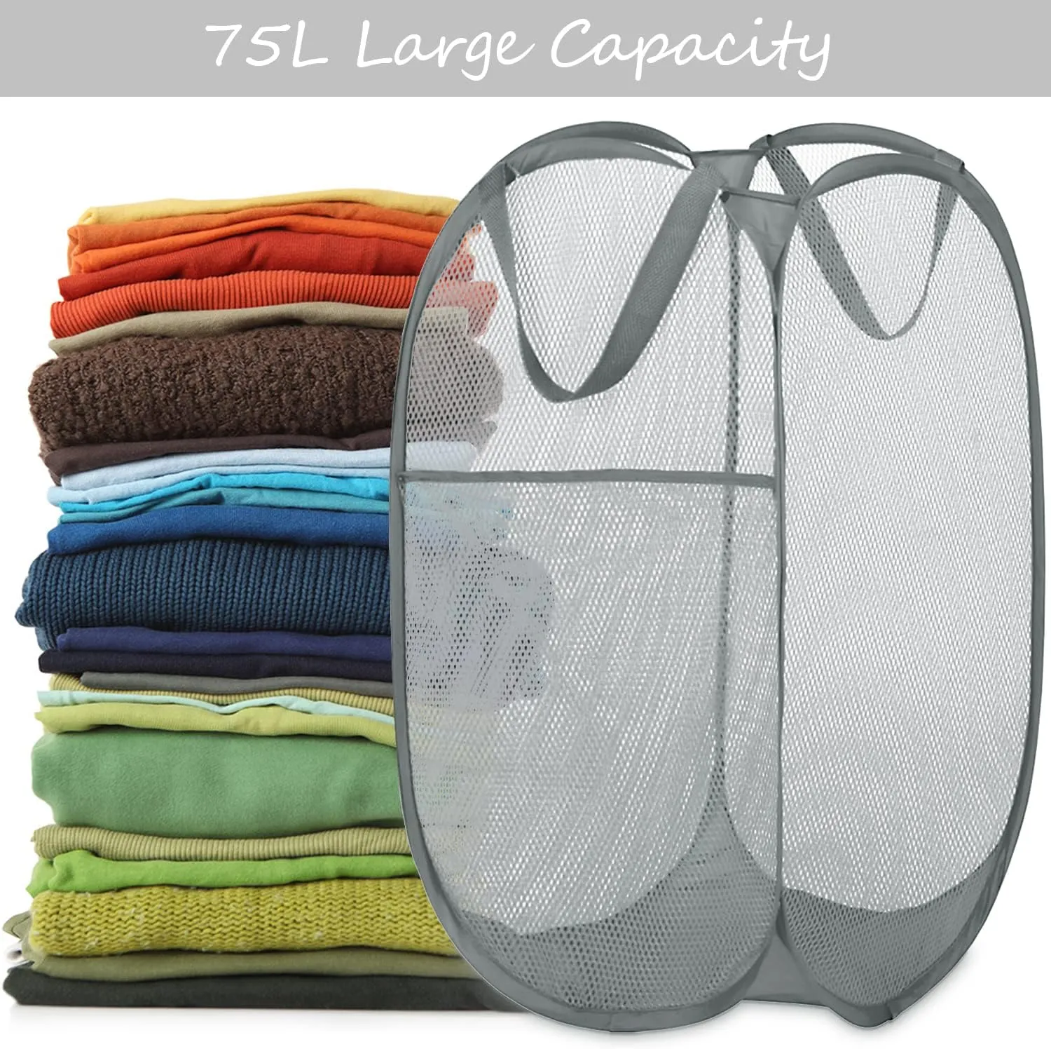 BATTOO Deluxe Strong Mesh Pop up Laundry Hamper Basket with Side Pocket for Laundry Room, Bathroom, Kids Room, College Dorm or Travel 3 x Grey