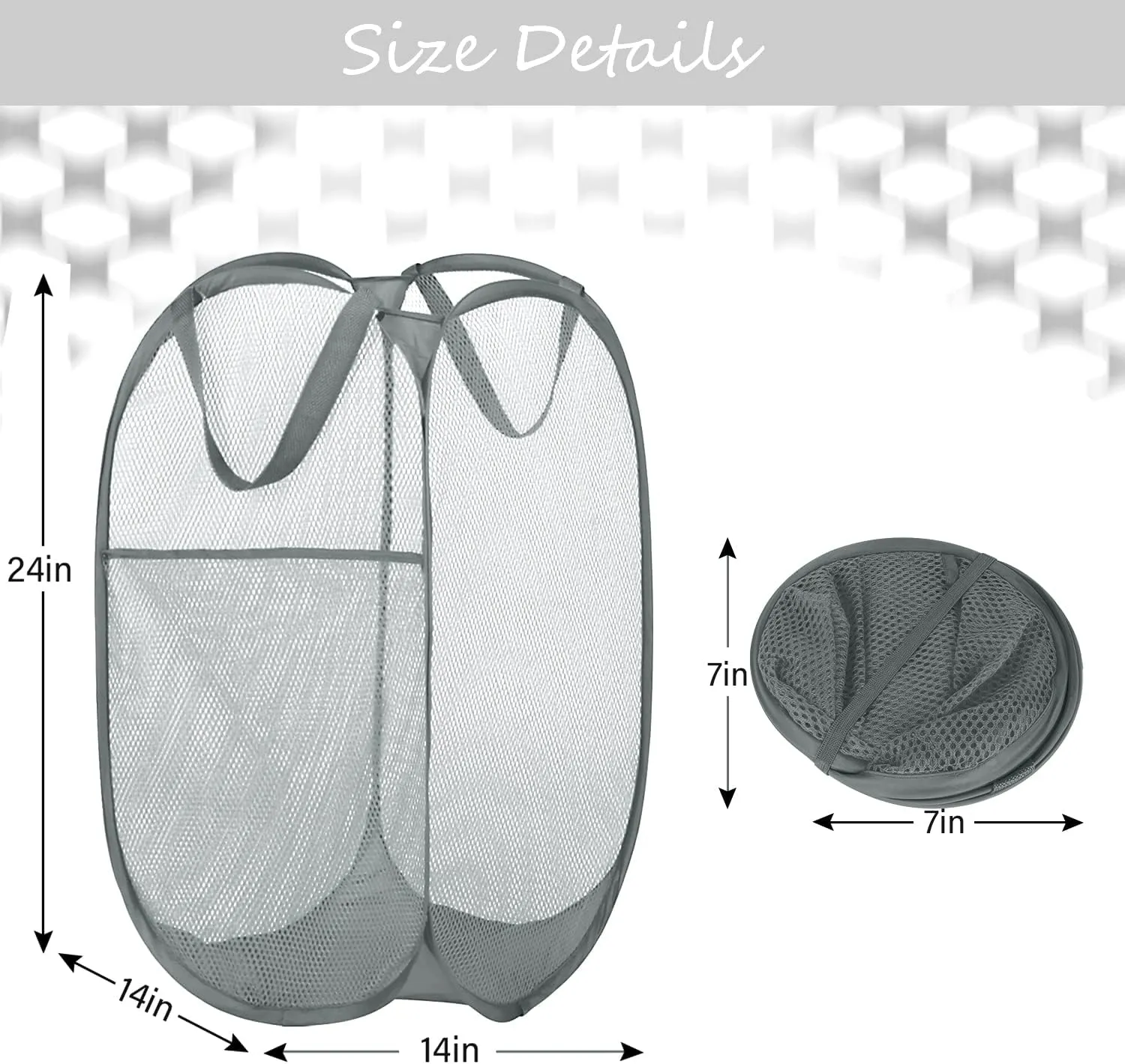 BATTOO Deluxe Strong Mesh Pop up Laundry Hamper Basket with Side Pocket for Laundry Room, Bathroom, Kids Room, College Dorm or Travel 3 x Grey