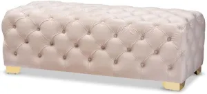 Baxton Studio Avara Glam and Luxe Light Beige Velvet Fabric Upholstered Gold Finished Button Tufted Bench Ottoman