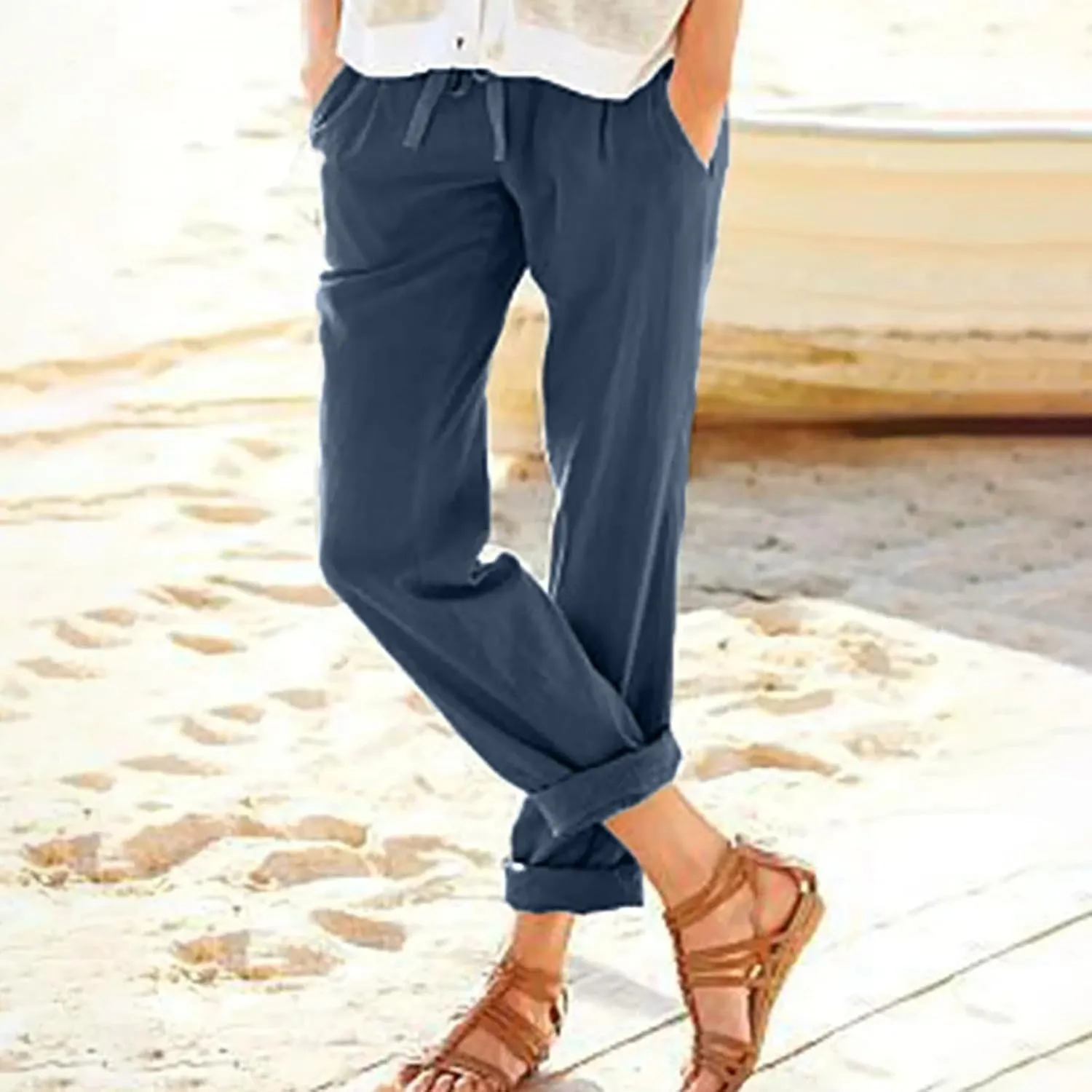 Beach Vacation Women Vacation Outfits Straight Pants with Pockets Linen Outfit Women Summer