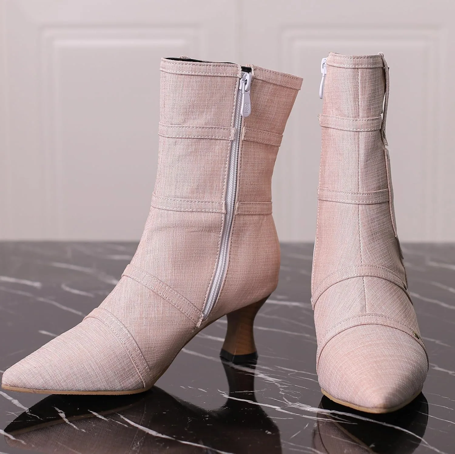 BEAUPAS Women's Denim Kitten Heel Boots Pointed Toe Low Heel Ankle Boots Chunky Vintage Zip Shoes