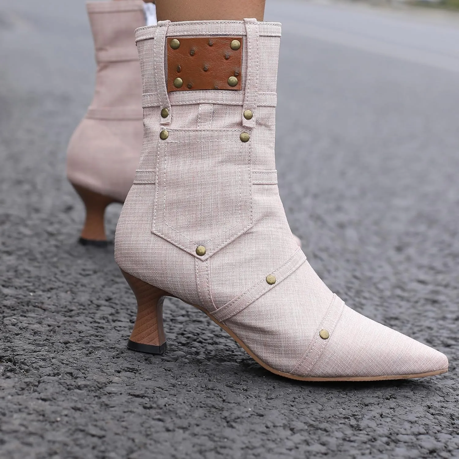 BEAUPAS Women's Denim Kitten Heel Boots Pointed Toe Low Heel Ankle Boots Chunky Vintage Zip Shoes