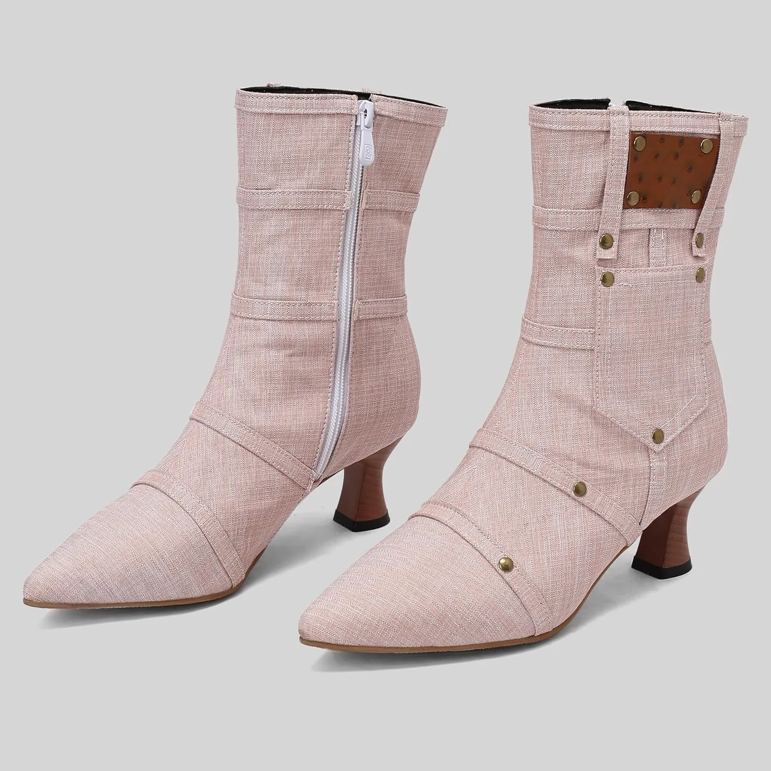 BEAUPAS Women's Denim Kitten Heel Boots Pointed Toe Low Heel Ankle Boots Chunky Vintage Zip Shoes