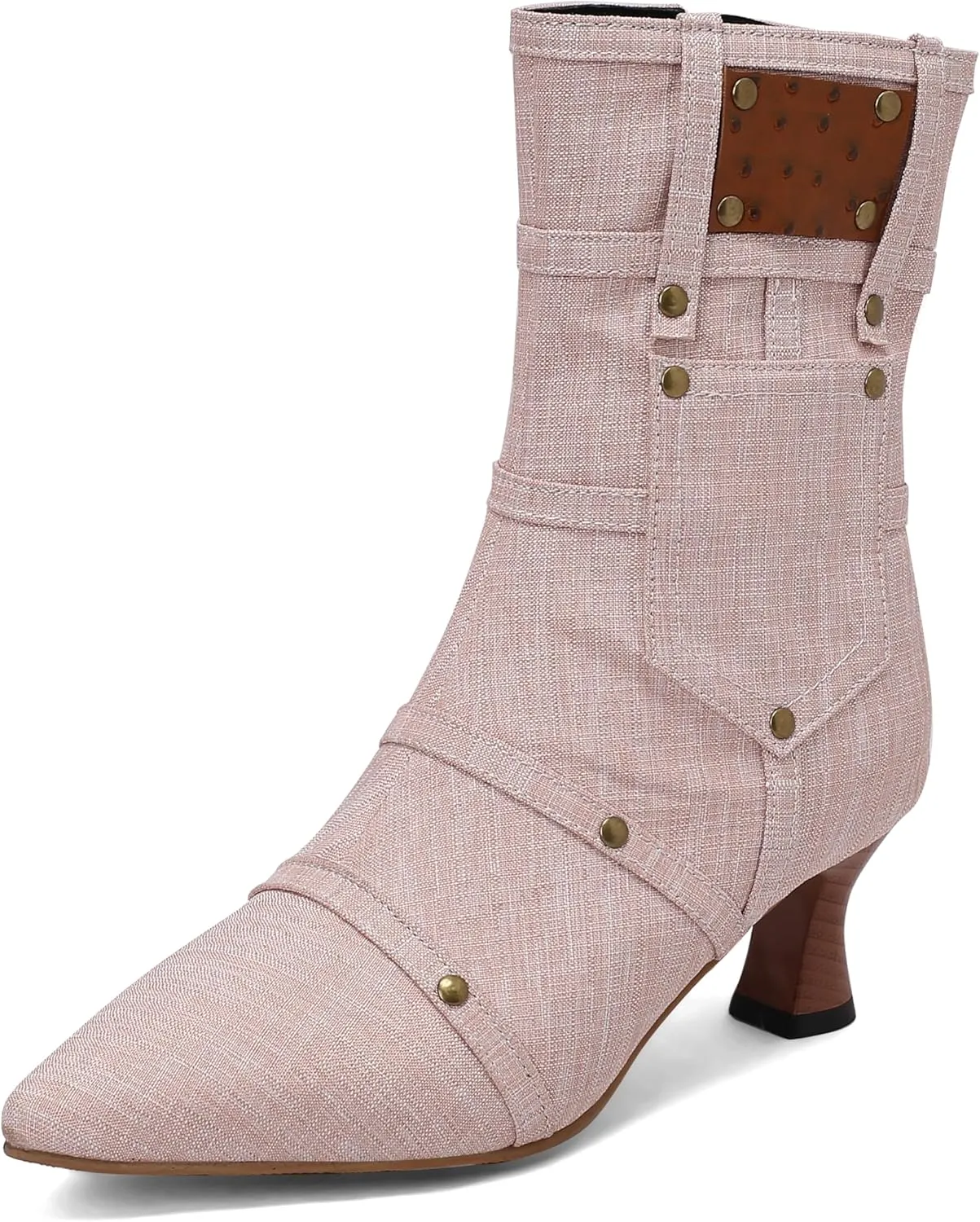 BEAUPAS Women's Denim Kitten Heel Boots Pointed Toe Low Heel Ankle Boots Chunky Vintage Zip Shoes