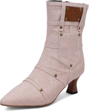 BEAUPAS Women's Denim Kitten Heel Boots Pointed Toe Low Heel Ankle Boots Chunky Vintage Zip Shoes