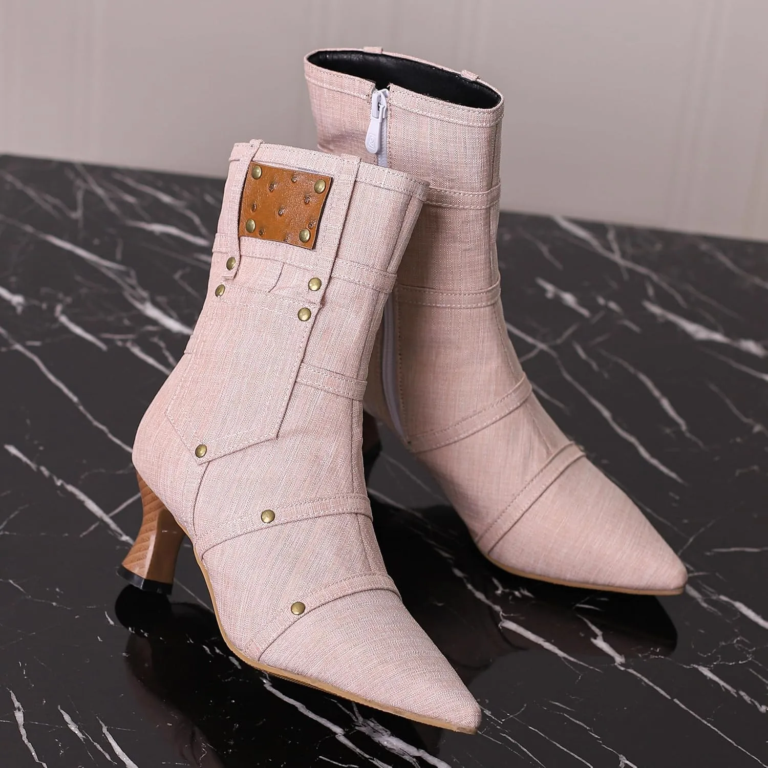 BEAUPAS Women's Denim Kitten Heel Boots Pointed Toe Low Heel Ankle Boots Chunky Vintage Zip Shoes