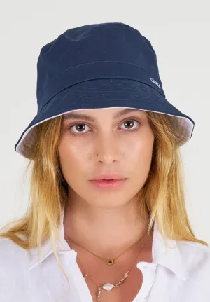 Beckie Bucket Hat in Pure French Linen - reversible two colours White Navy