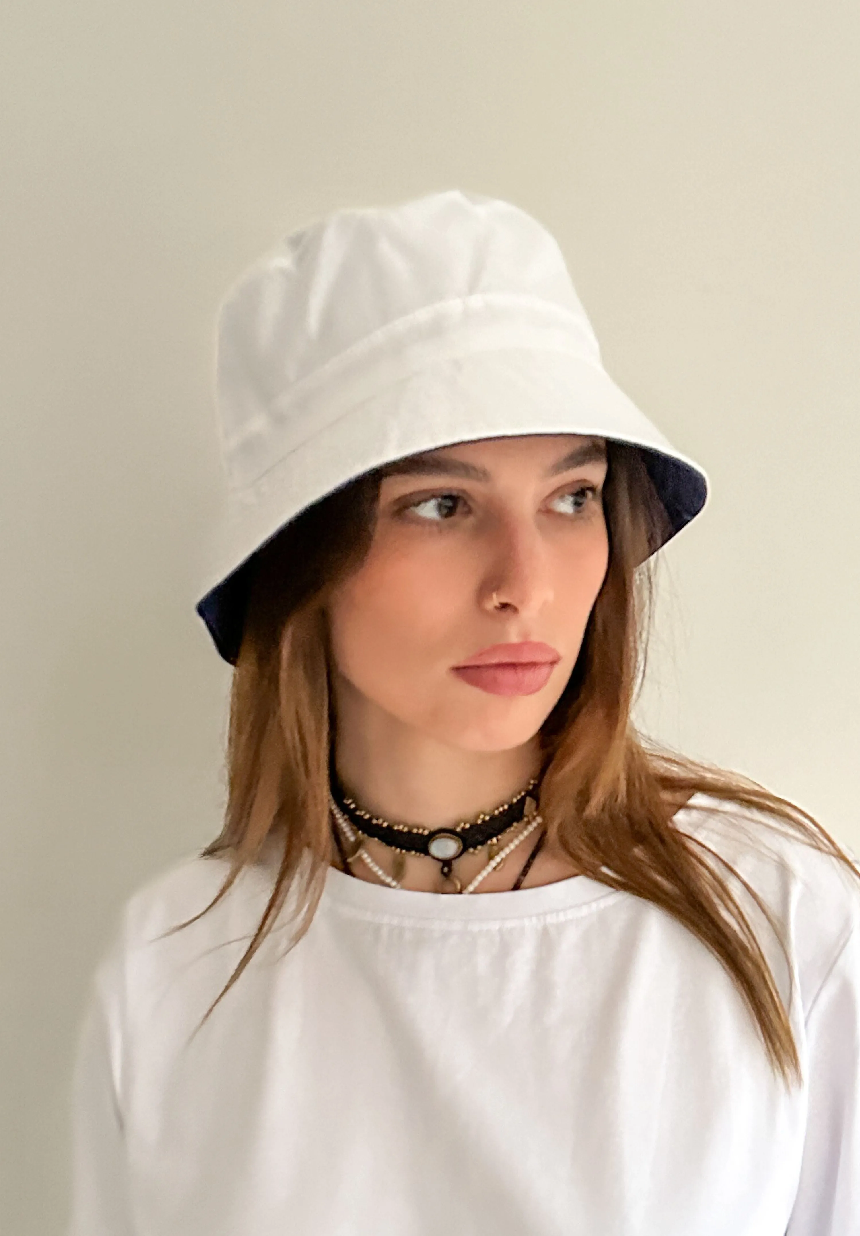Beckie Bucket Hat in Pure French Linen - reversible two colours White Navy
