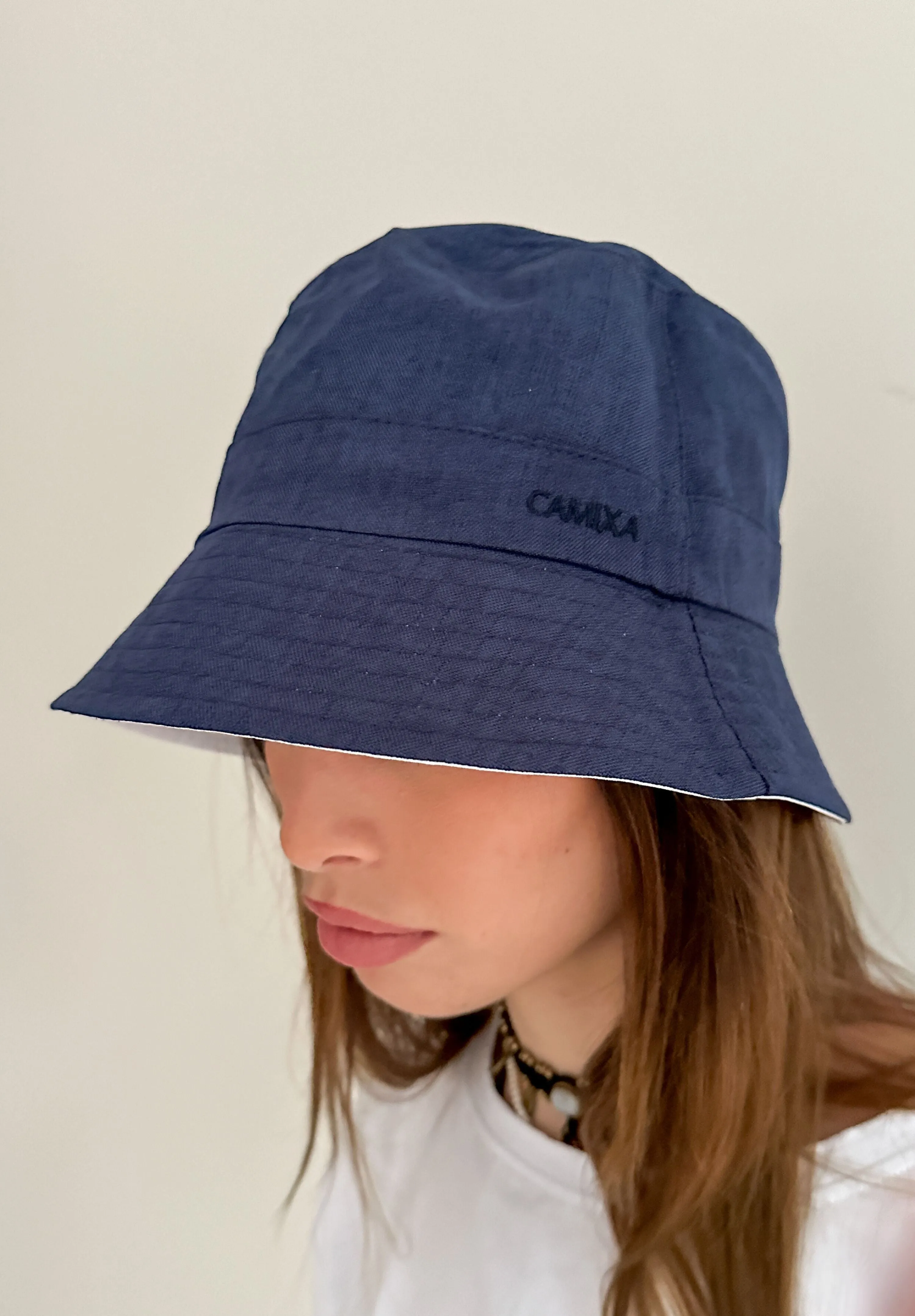 Beckie Bucket Hat in Pure French Linen - reversible two colours White Navy