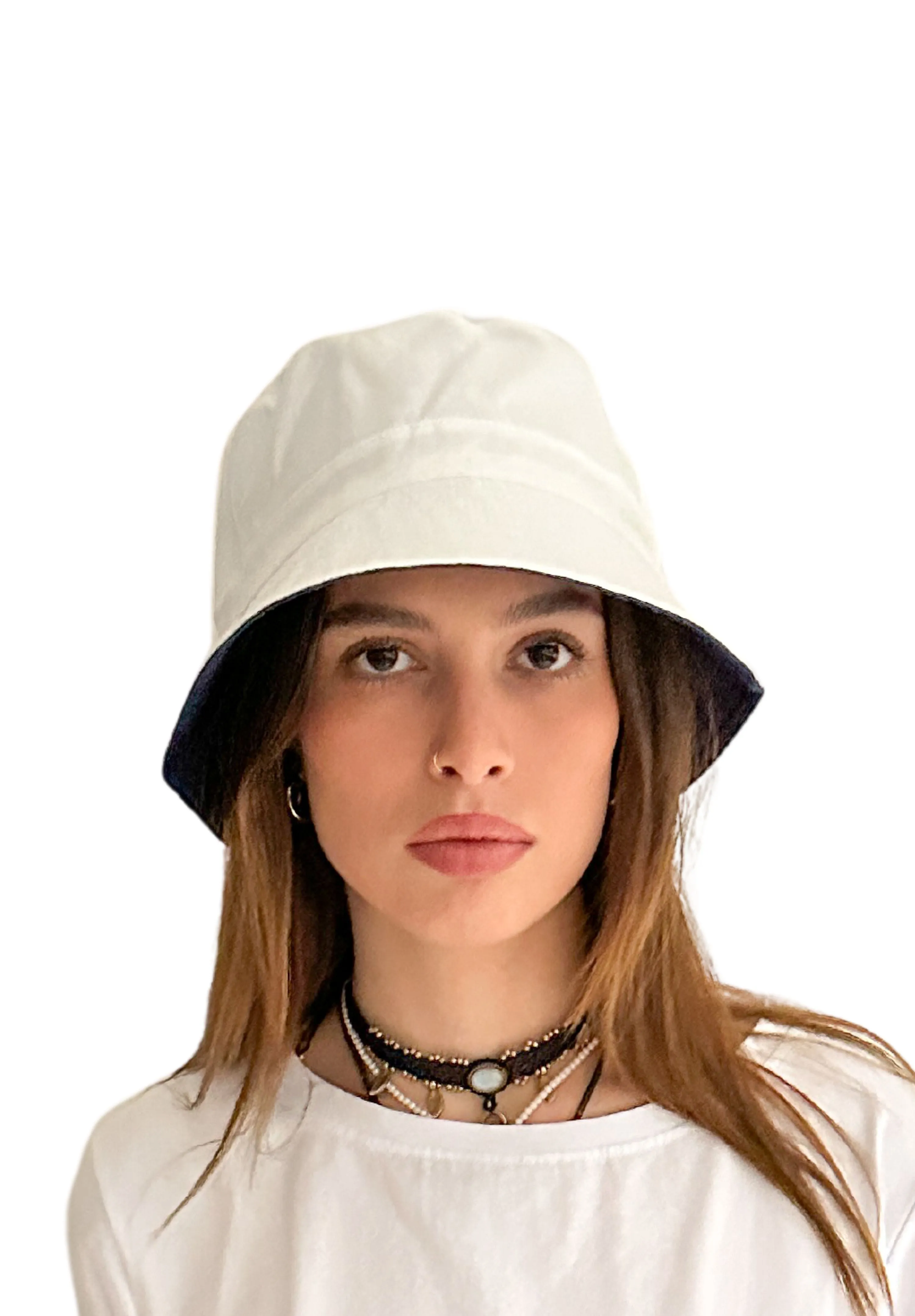 Beckie Bucket Hat in Pure French Linen - reversible two colours White Navy
