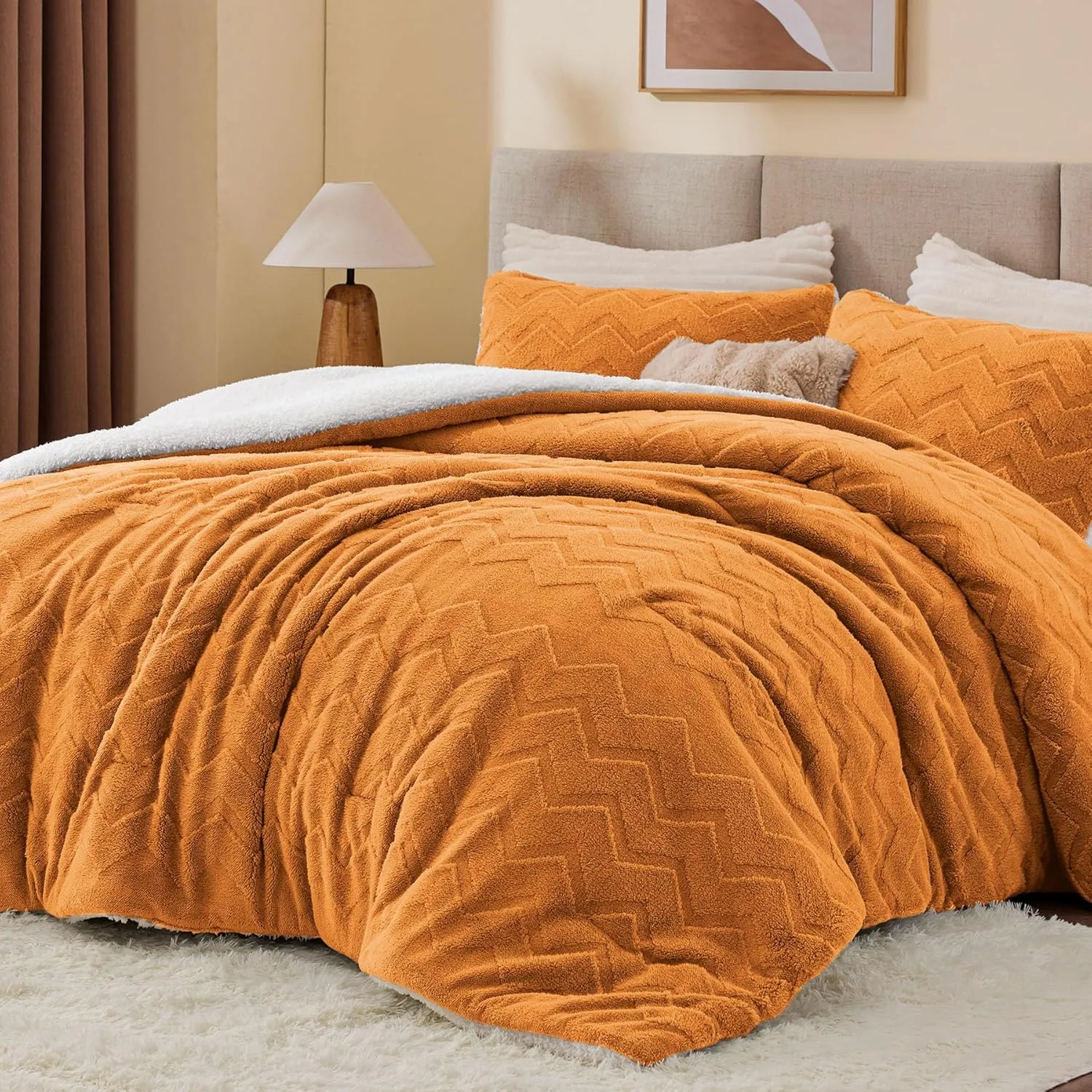BEDELITE Fluffy Twin Comforter Set - Super Soft Sherpa Burnt Orange Comforter for Twin Size Bed, Luxury Warm Bedding Set for Winter, Fuzzy Bed Set 2 Piece (1 Comforter, 1 Pillowcase)