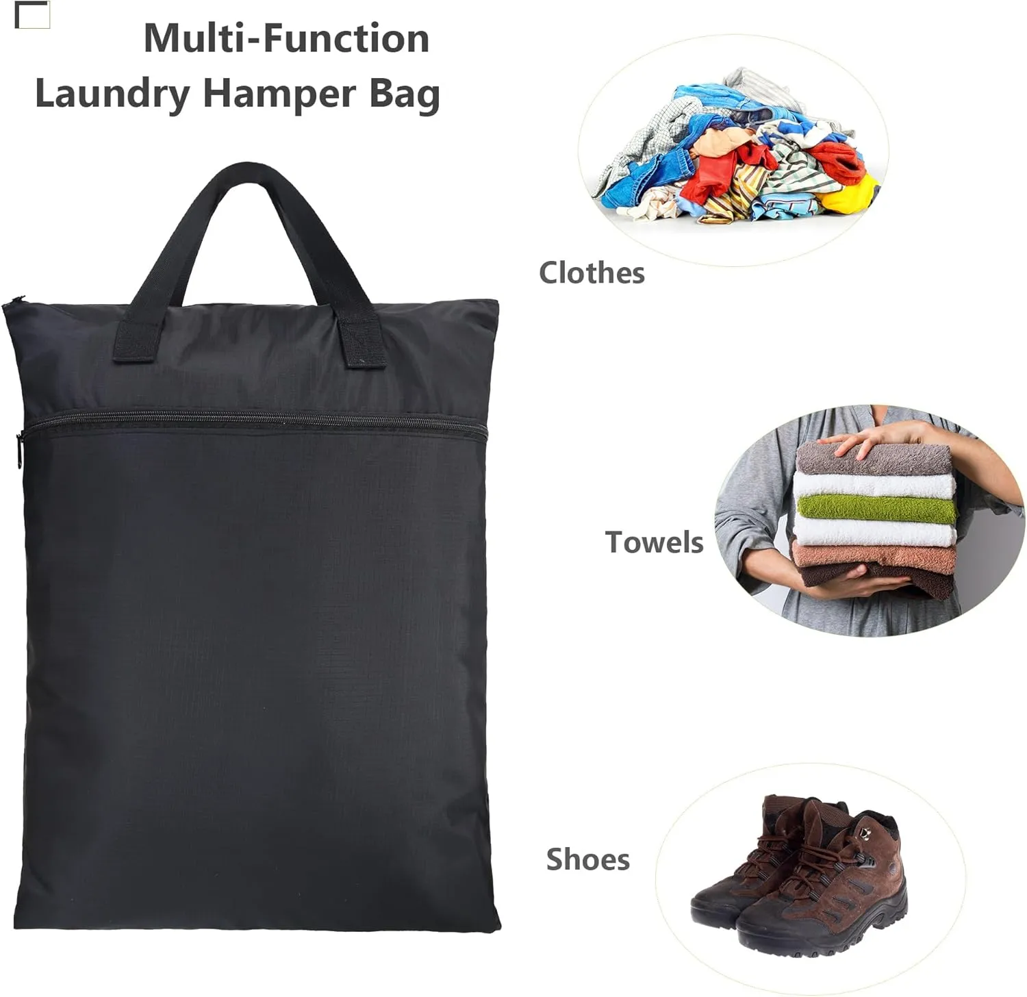 BeeGreen Black Laundry Bag for Traveling with Handles & Zipper Pockets Hanging Laundry Hamper Heavy Duty Collapsible for Dirty Clothes College Dorm Gym Beach Pool Swimsuit