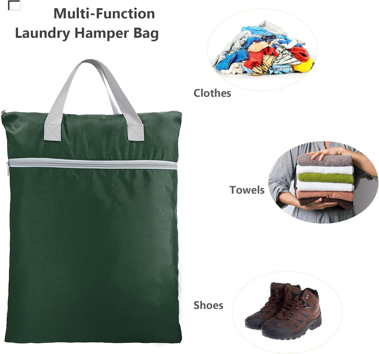 BeeGreen Dark Green Laundry Bag for Traveling with Handles & Zipper Pockets Hanging Laundry Hamper Heavy Duty Collapsible for Dirty Clothes College Dorm Gym Beach Pool Swimsuit