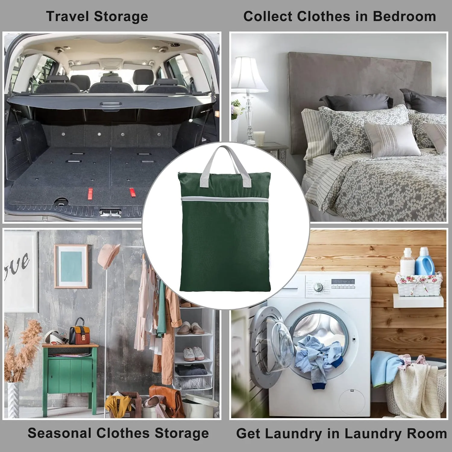 BeeGreen Dark Green Laundry Bag for Traveling with Handles & Zipper Pockets Hanging Laundry Hamper Heavy Duty Collapsible for Dirty Clothes College Dorm Gym Beach Pool Swimsuit