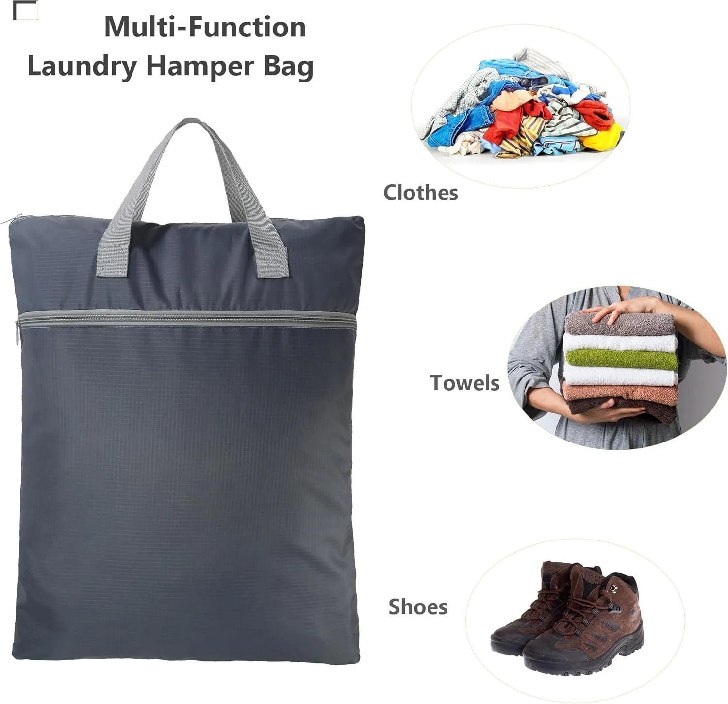 BeeGreen Grey Travel Laundry Bag with Handles & Zipper Pockets Dirty Clothes Hanging Laundry Hamper Heavy Duty Collapsible for College Dorm Gym Beach Pool Swimsuit