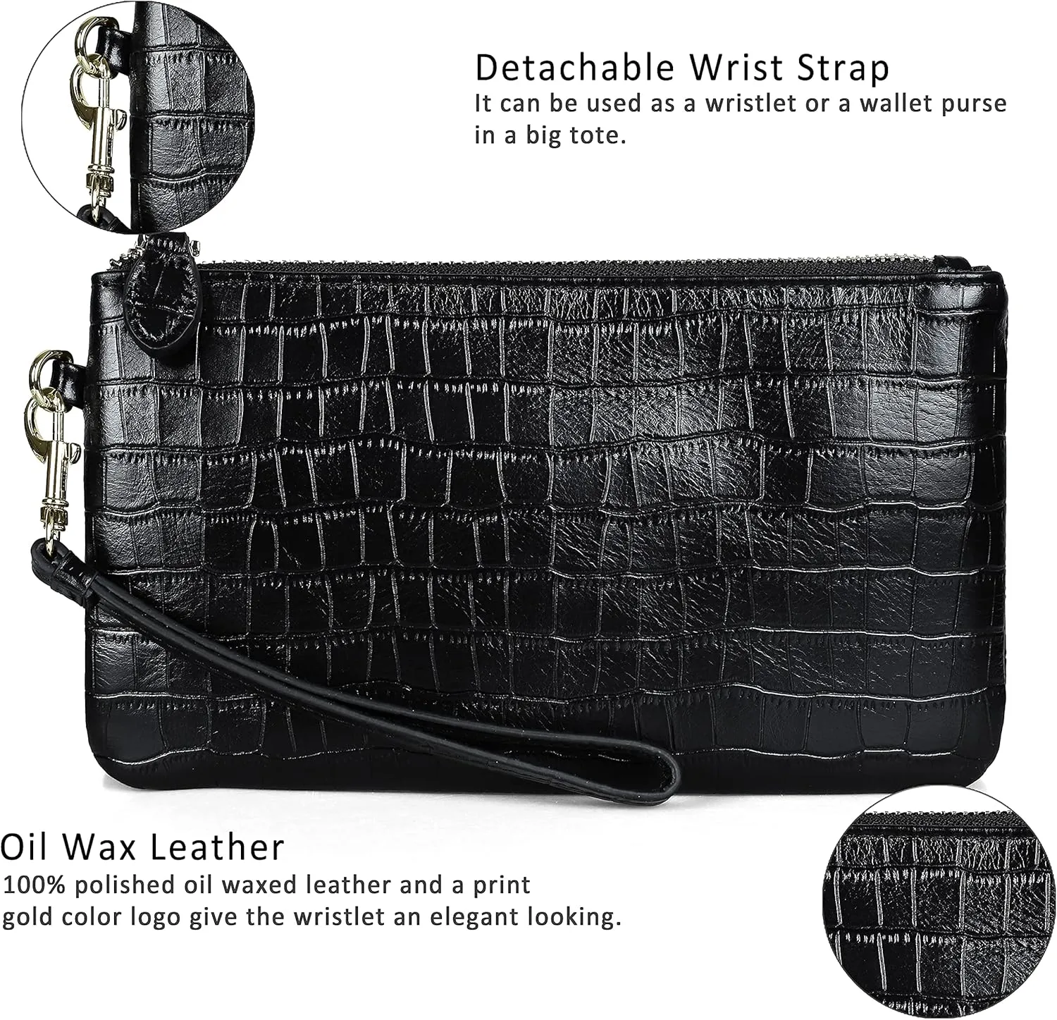 befen Women's Genuine Italian Leather Wristlet Clutch Wallet Purse, Gold Zipper