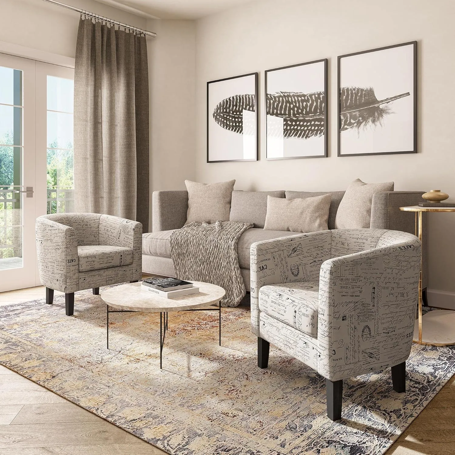 BELLEZE Accent Barrel Chair, Linen Round Chair Club Tub Sofa Corner Chair with Flared Legs and Cozy Soft Padding for Living Room Bedroom Waiting Room - Black & Beige