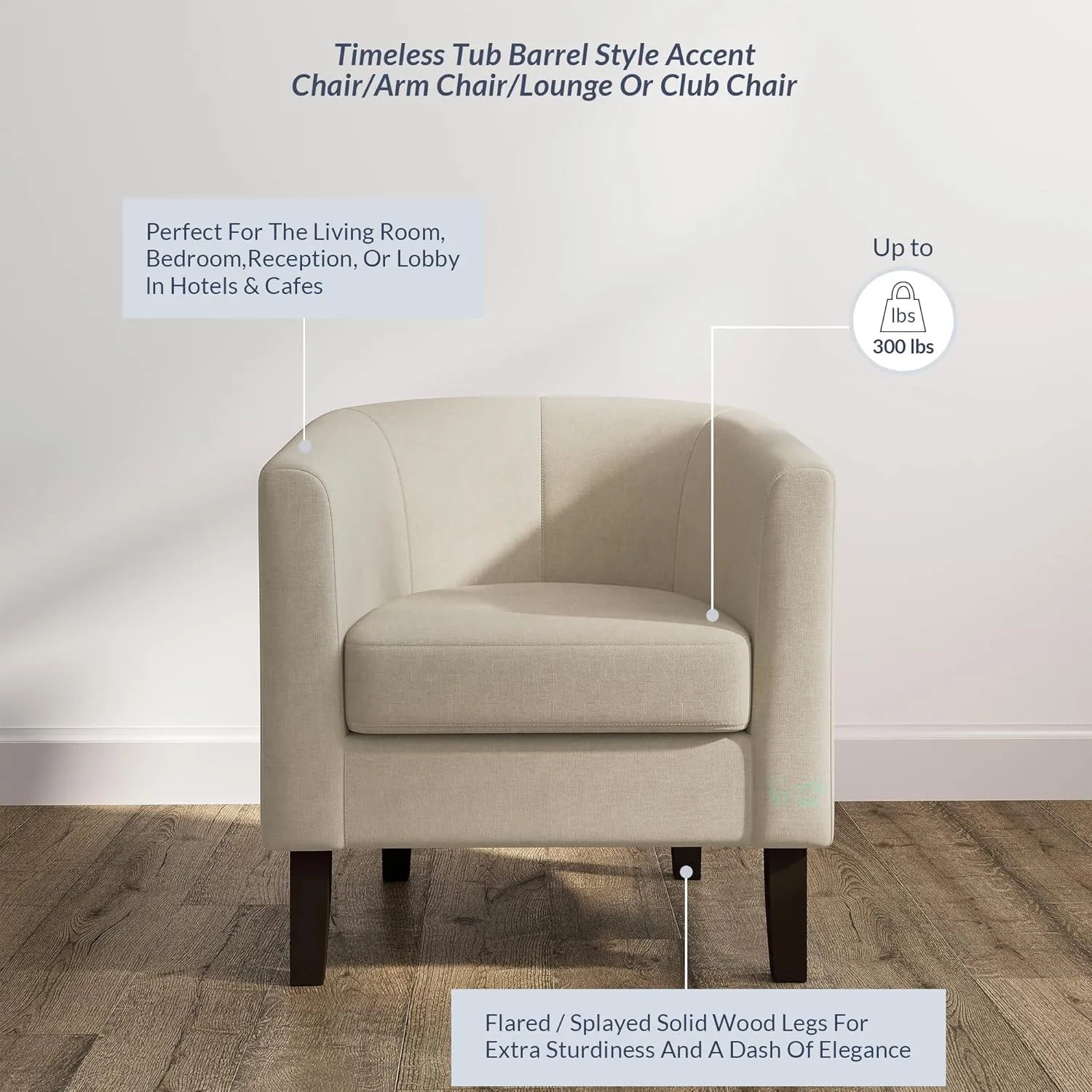 BELLEZE Living Room Chair, Linen Round Accent Barrel Chair, Club Tub Sofa Chair for Bedroom, Corner Chair with Flared Legs and Cozy Soft Padding - Highland (Beige)