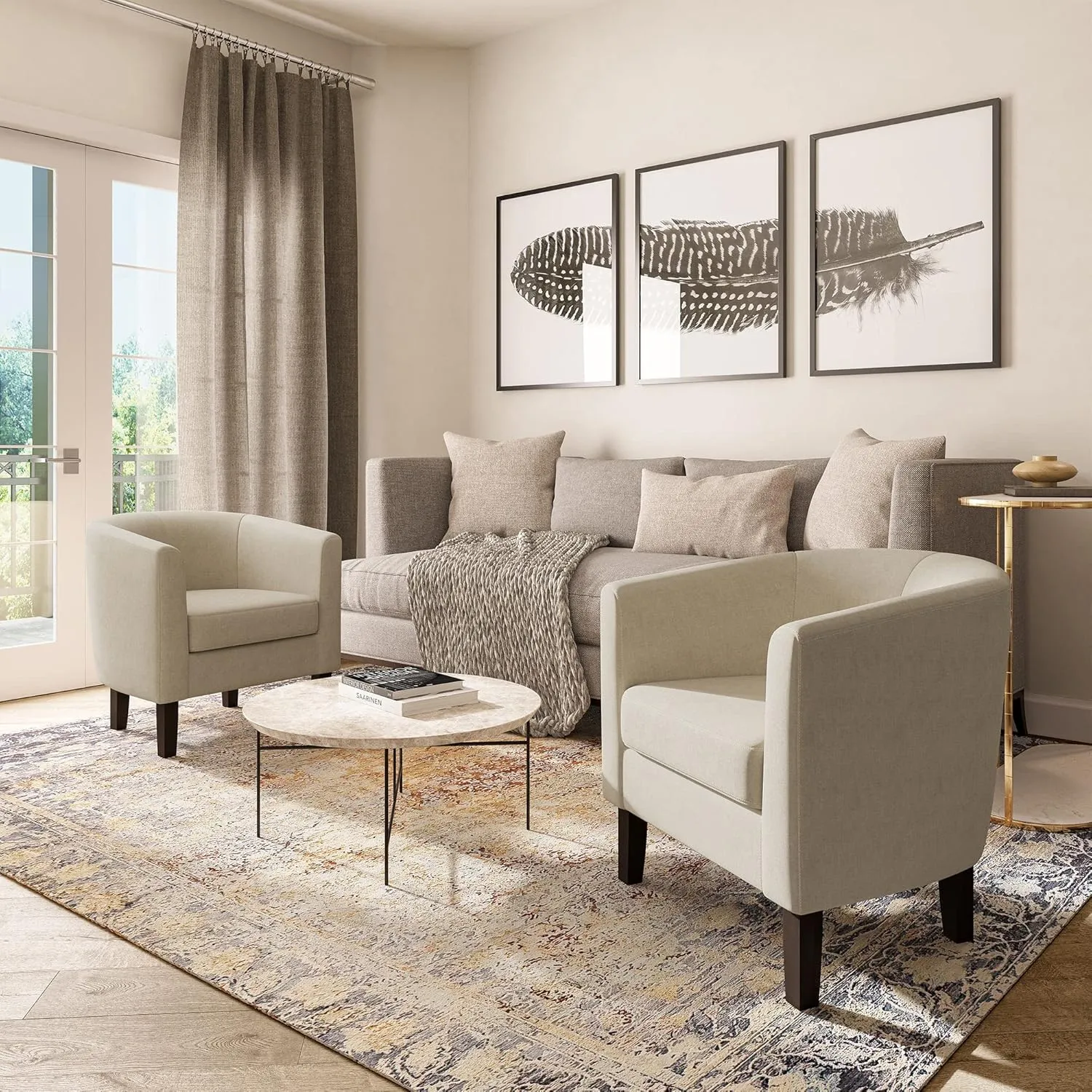 BELLEZE Living Room Chair, Linen Round Accent Barrel Chair, Club Tub Sofa Chair for Bedroom, Corner Chair with Flared Legs and Cozy Soft Padding - Highland (Beige)