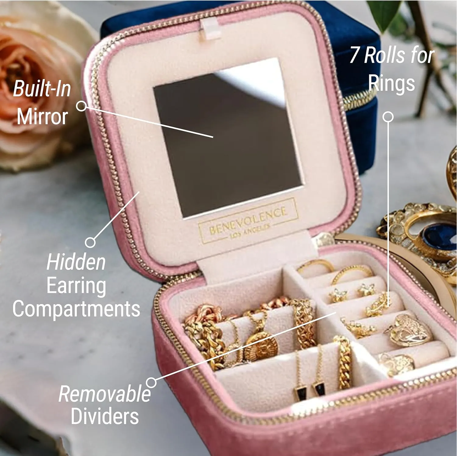 Benevolence LA Plush Velvet Jewelry Box | Travel Jewelry Case Organizer with Mirror | Featured in Oprah's Favorite Things | Best Gifts For Daughter, Girlfriend, Mom | Gifts For Her - Dusty Pink
