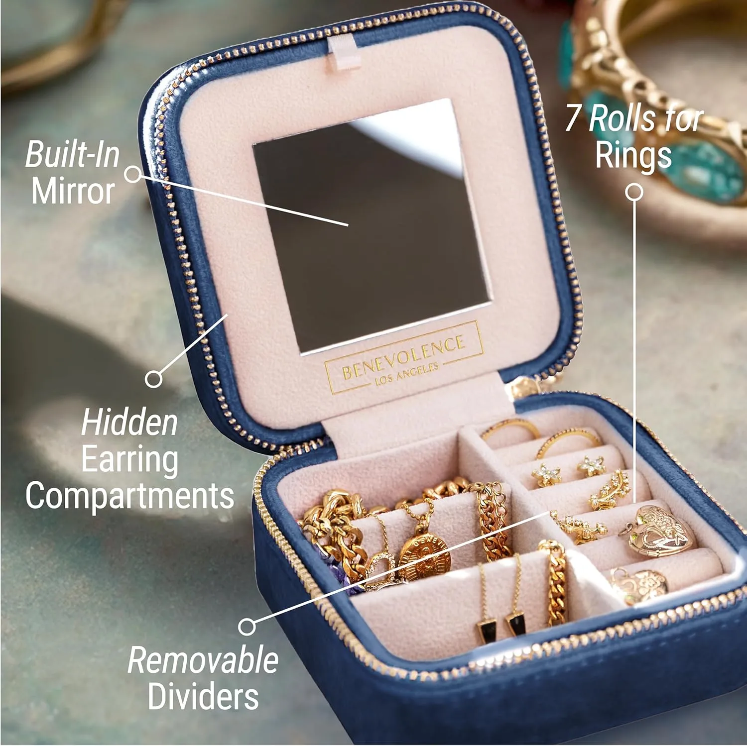 Benevolence LA Plush Velvet Jewelry Box | Travel Jewelry Case Organizer with Mirror | Featured in Oprah's Favorite Things | Best Gifts For Daughter, Girlfriend, Mom | Gifts For Her - Navy Blue