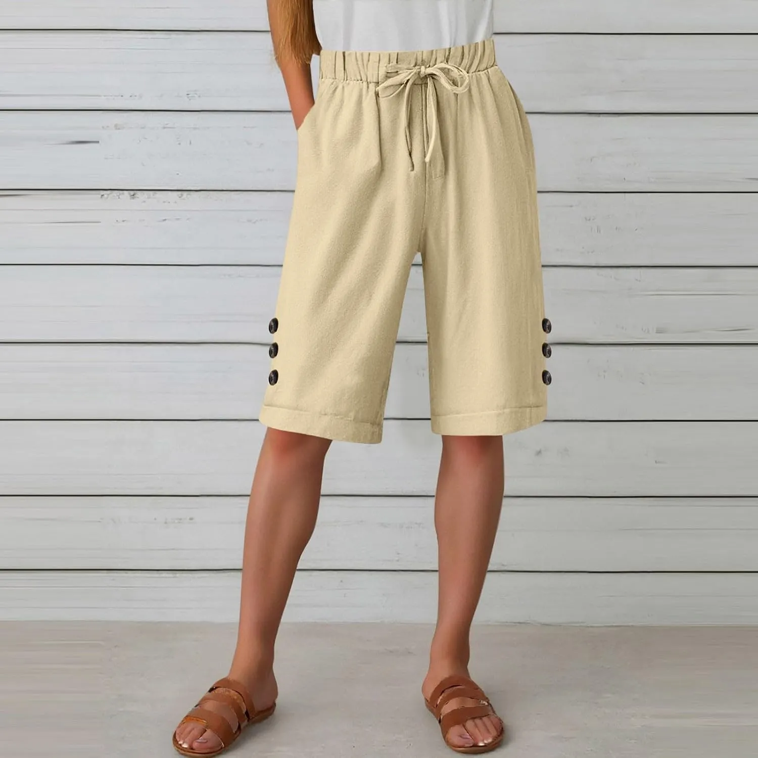 Bermuda Shorts for Women Plus Size Knee Length Lounge Shorts Elastic Drawstring Lightweight Comfy Short with Pockets